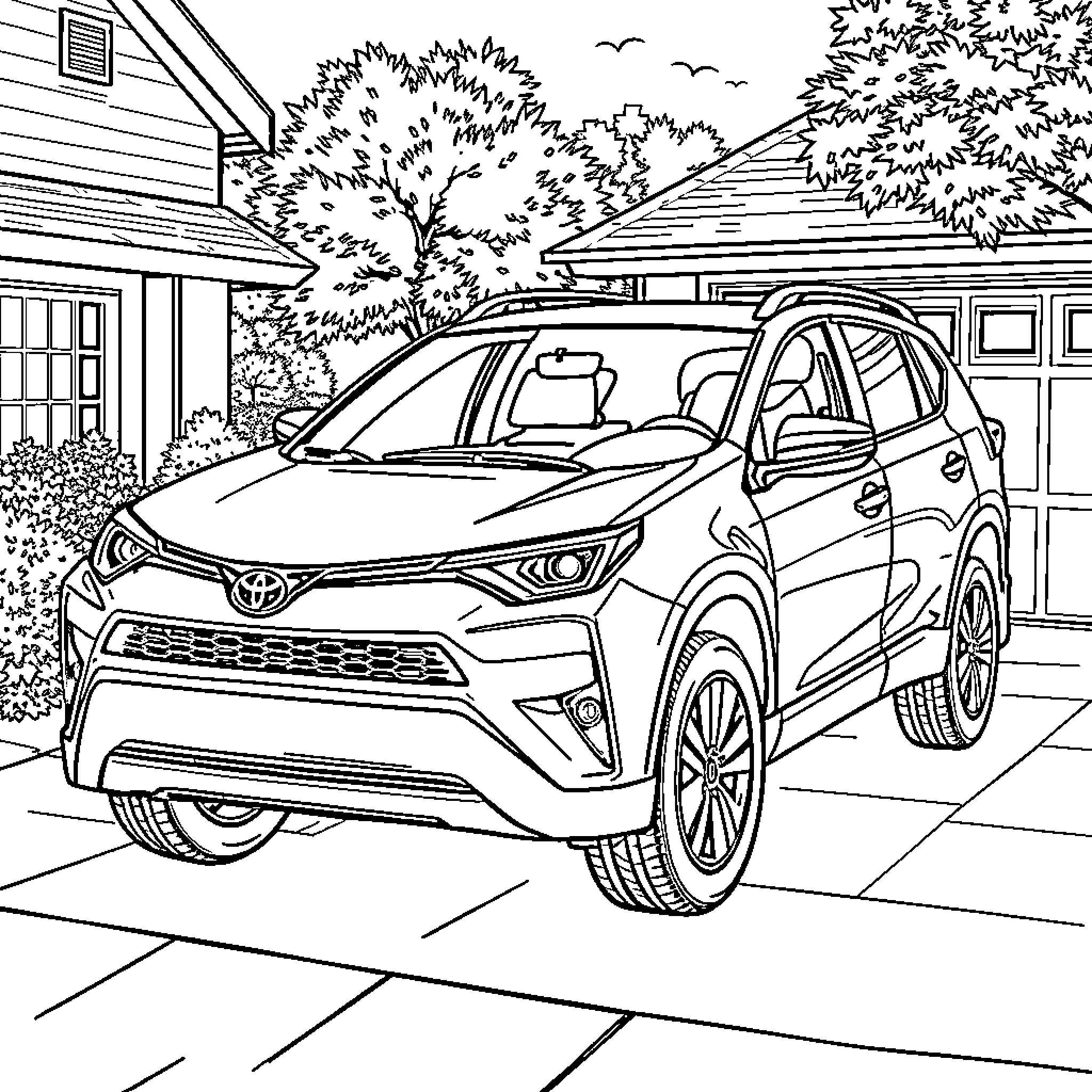 Toyota RAV4 parked in a suburban neighborhood Coloring Page (free black-and-white line drawing printable PDF for all, from beginners to advanced learners, including children, teens, adults, and seniors)