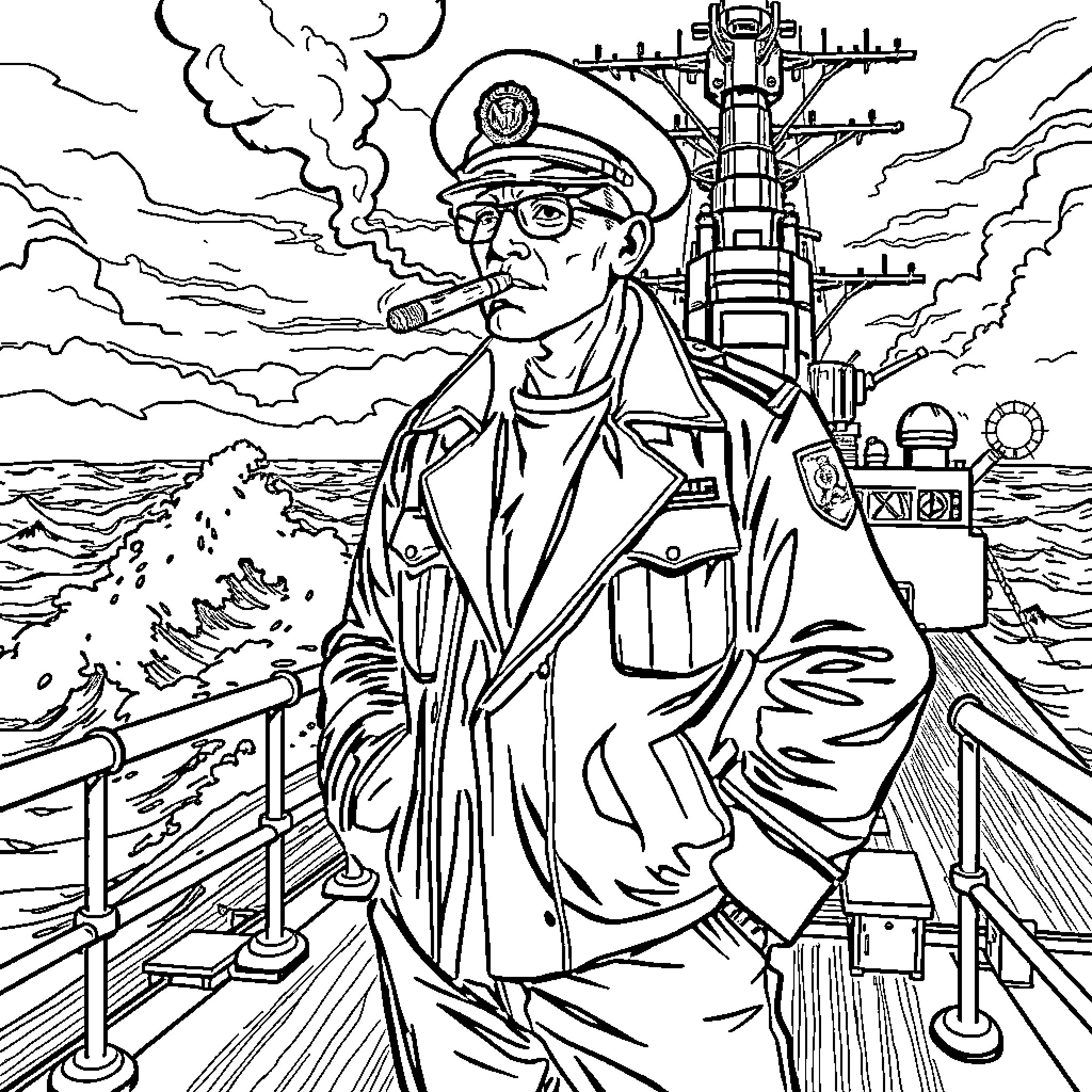 Instructor commanding ship during stormy weather Coloring Page (free black-and-white line drawing printable PDF for all, from beginners to advanced learners, including children, teens, adults, and seniors)