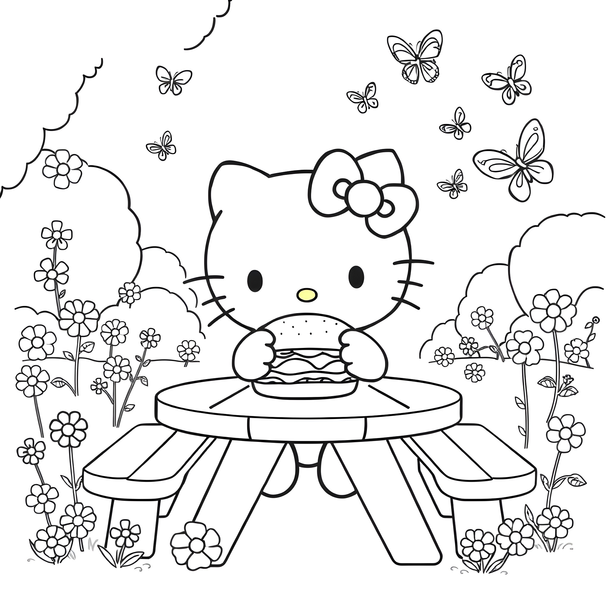 Hello Kitty enjoying a picnic in the flower field Coloring Page (free black-and-white line drawing printable PDF for all, from beginners to advanced learners, including children, teens, adults, and seniors)