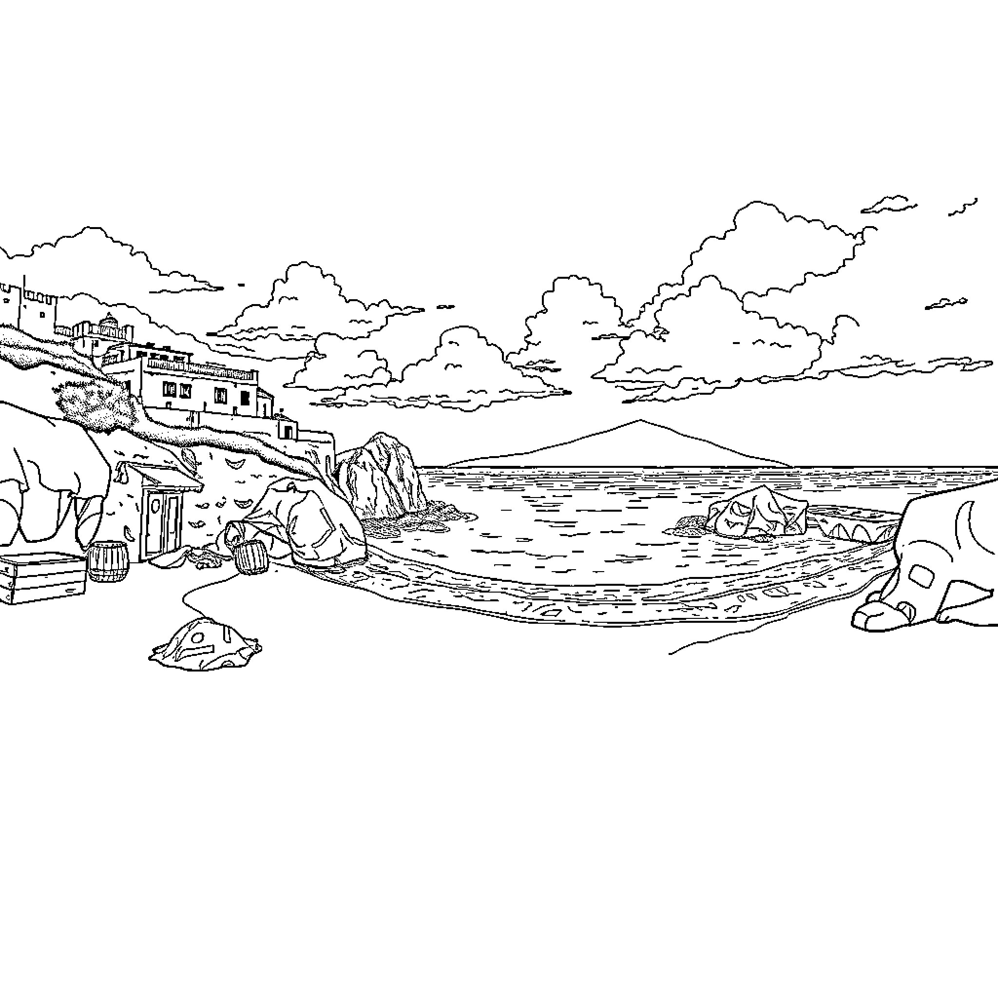 Beach scene with coastal houses and rocky landscape Coloring Page (free black-and-white line drawing printable PDF for all, from beginners to advanced learners, including children, teens, adults, and seniors)