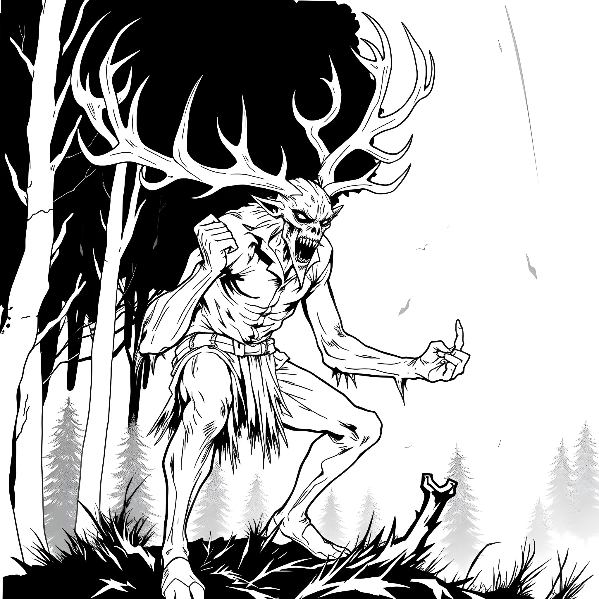 Hunter stalking fiercely through the forest Coloring Page (free black-and-white line drawing printable PDF for all, from beginners to advanced learners, including children, teens, adults, and seniors)