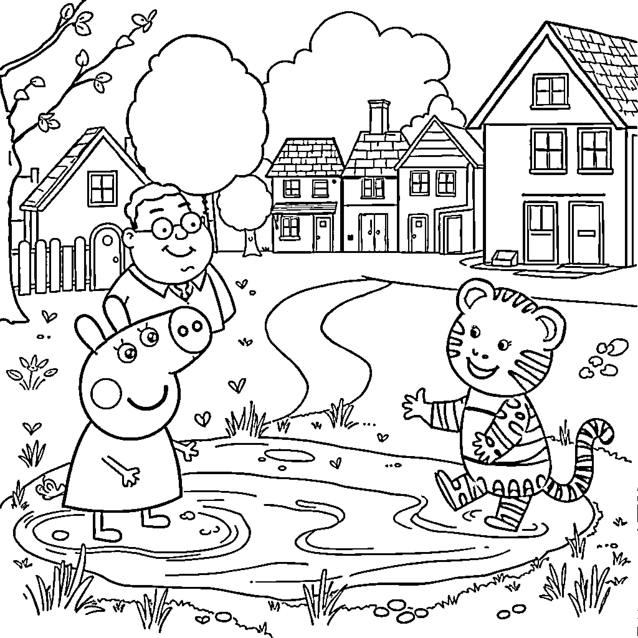 Pig friends enjoying a sunny day in the neighborhood Coloring Page (free black-and-white line drawing printable PDF for all, from beginners to advanced learners, including children, teens, adults, and seniors)
