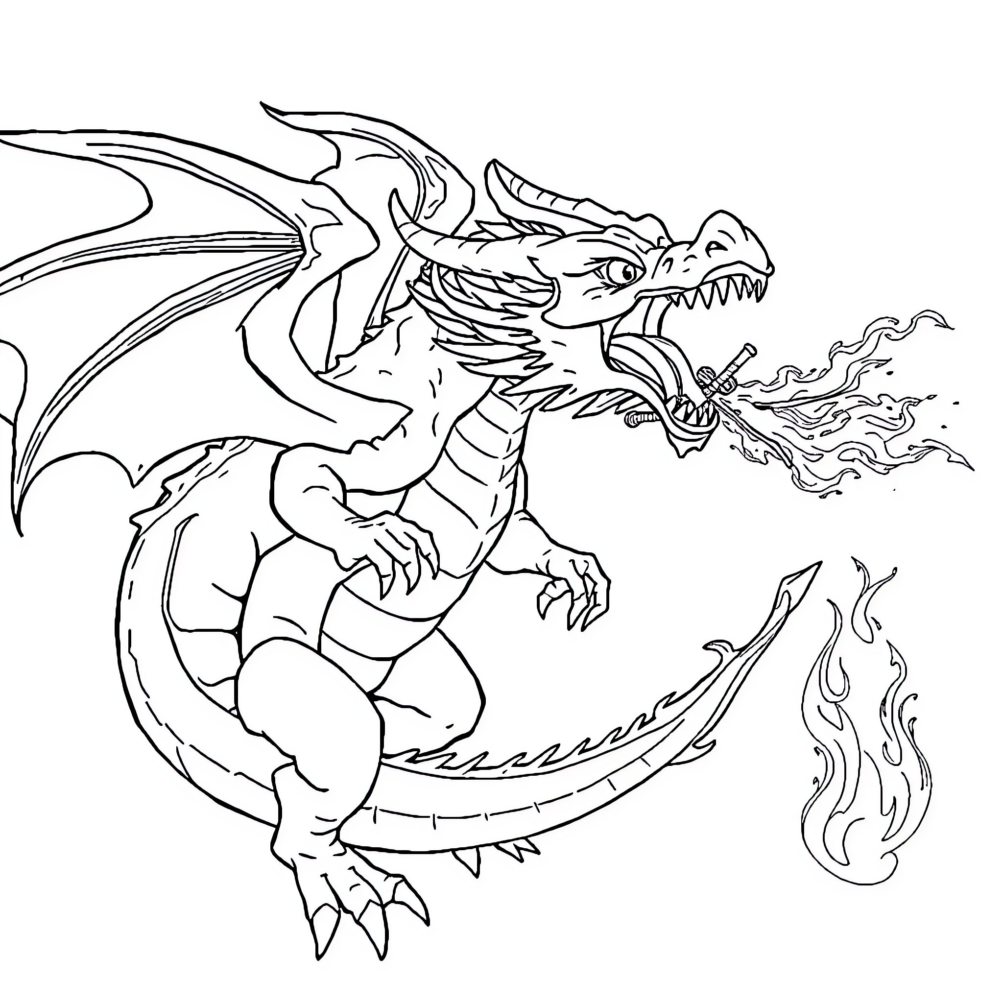 Dragon Spewing Powerful Flames Coloring Page (free black-and-white line drawing printable PDF for all, from beginners to advanced learners, including children, teens, adults, and seniors)