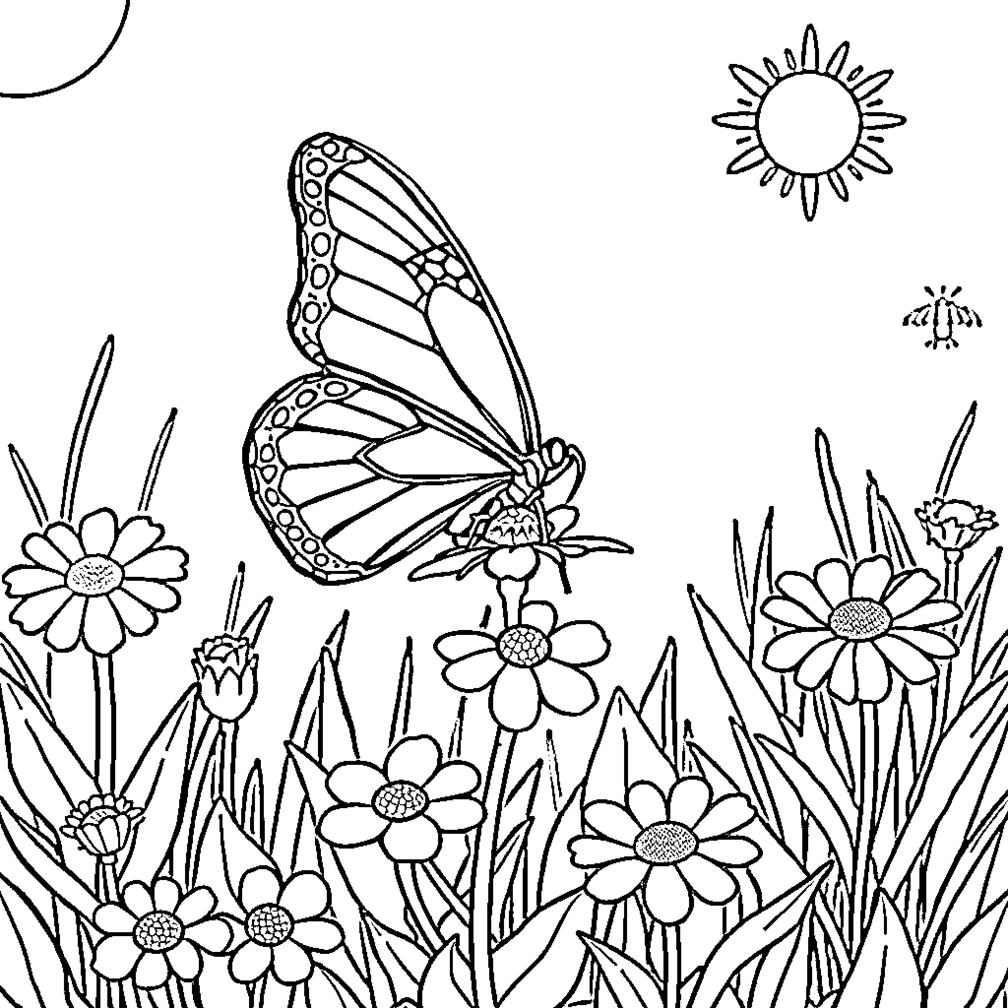 Butterfly perched on a flowery meadow Coloring Page (free black-and-white line drawing printable PDF for all, from beginners to advanced learners, including children, teens, adults, and seniors)