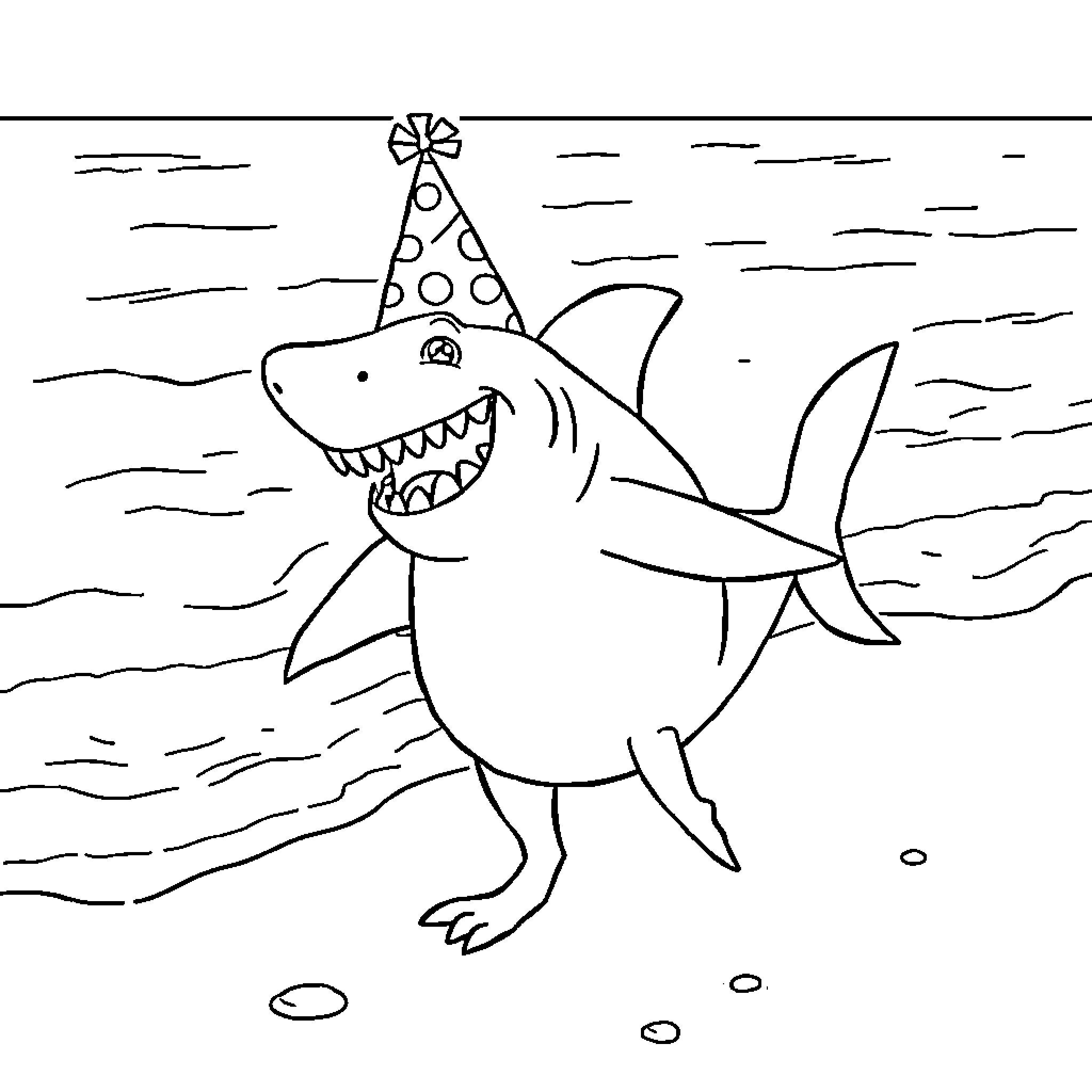 Turkey Shark celebrates birthday in ocean Coloring Page (free black-and-white line drawing printable PDF for all, from beginners to advanced learners, including children, teens, adults, and seniors)