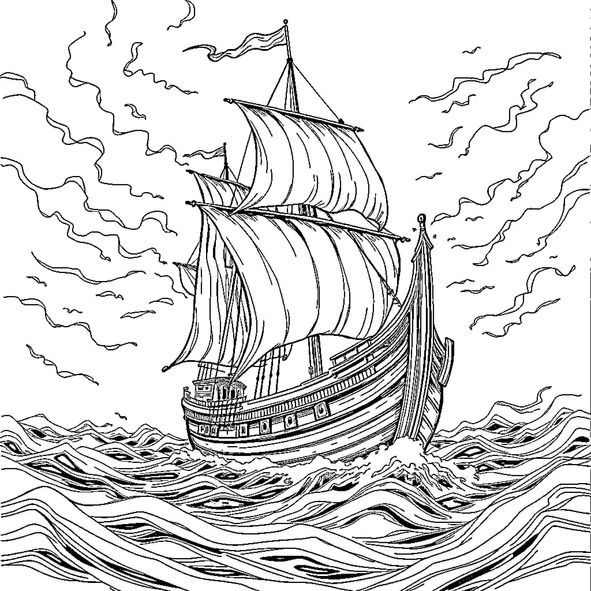 Flying Dutchman sailing through stormy seas Coloring Page (free black-and-white line drawing printable PDF for all, from beginners to advanced learners, including children, teens, adults, and seniors)