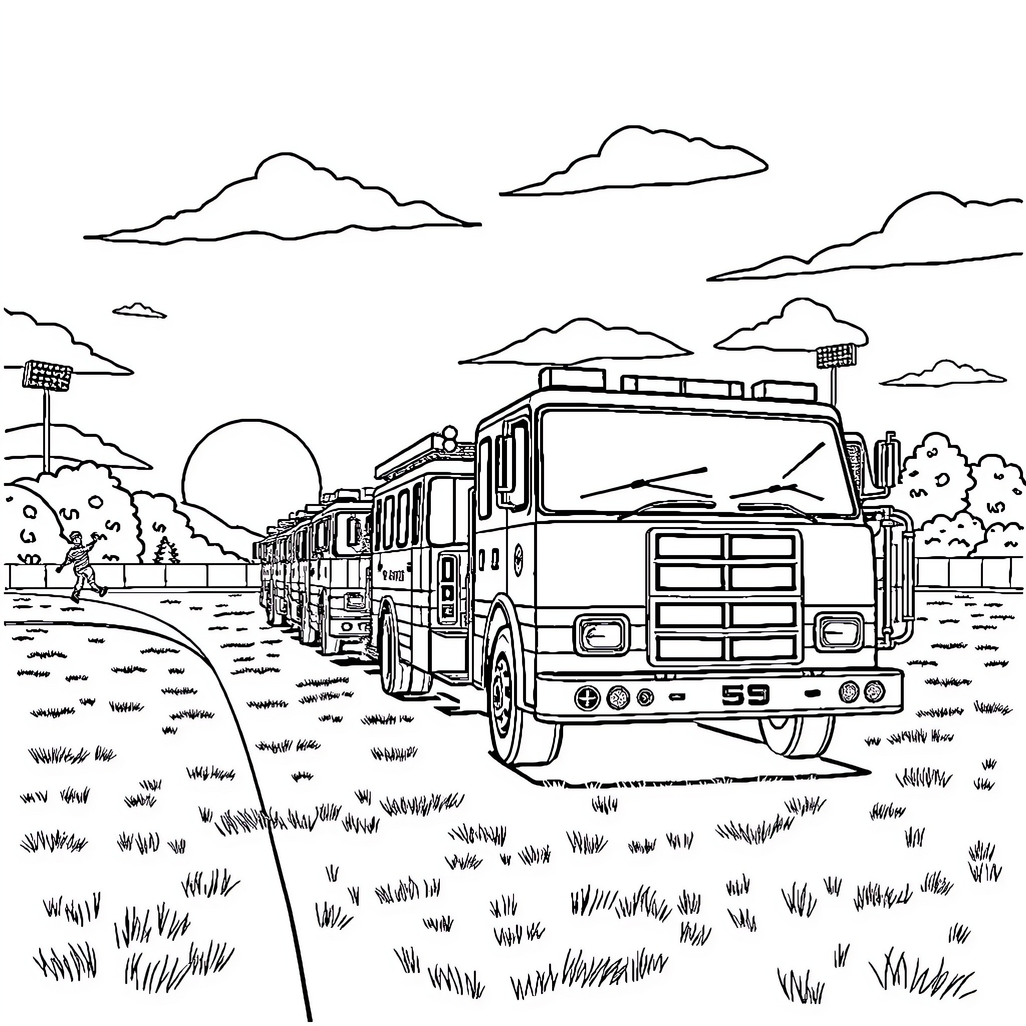 Fire Truck Responding to an Emergency on the Countryside Road Coloring Page (free black-and-white line drawing printable PDF for all, from beginners to advanced learners, including children, teens, adults, and seniors)