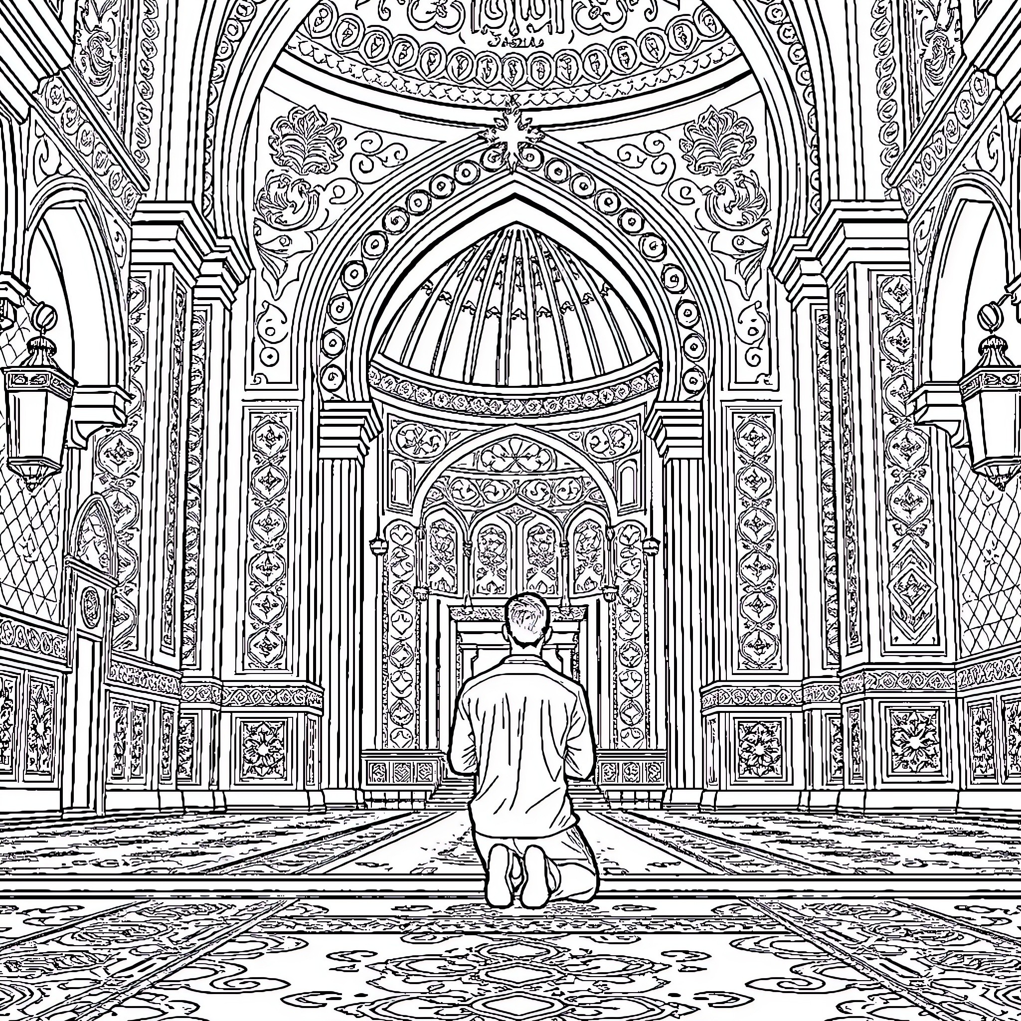 Ronaldo praying in an ornate mosque Coloring Page (free black-and-white line drawing printable PDF for all, from beginners to advanced learners, including children, teens, adults, and seniors)