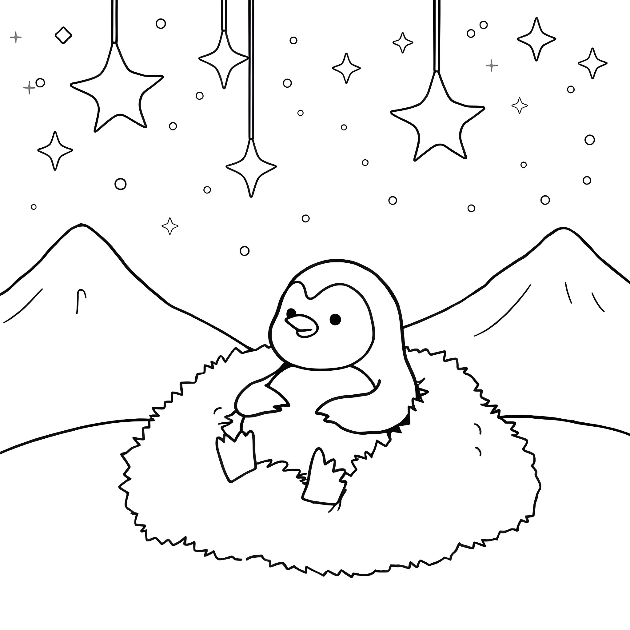 Penguin Exploring Starry Night Landscape Coloring Page (free black-and-white line drawing printable PDF for all, from beginners to advanced learners, including children, teens, adults, and seniors)