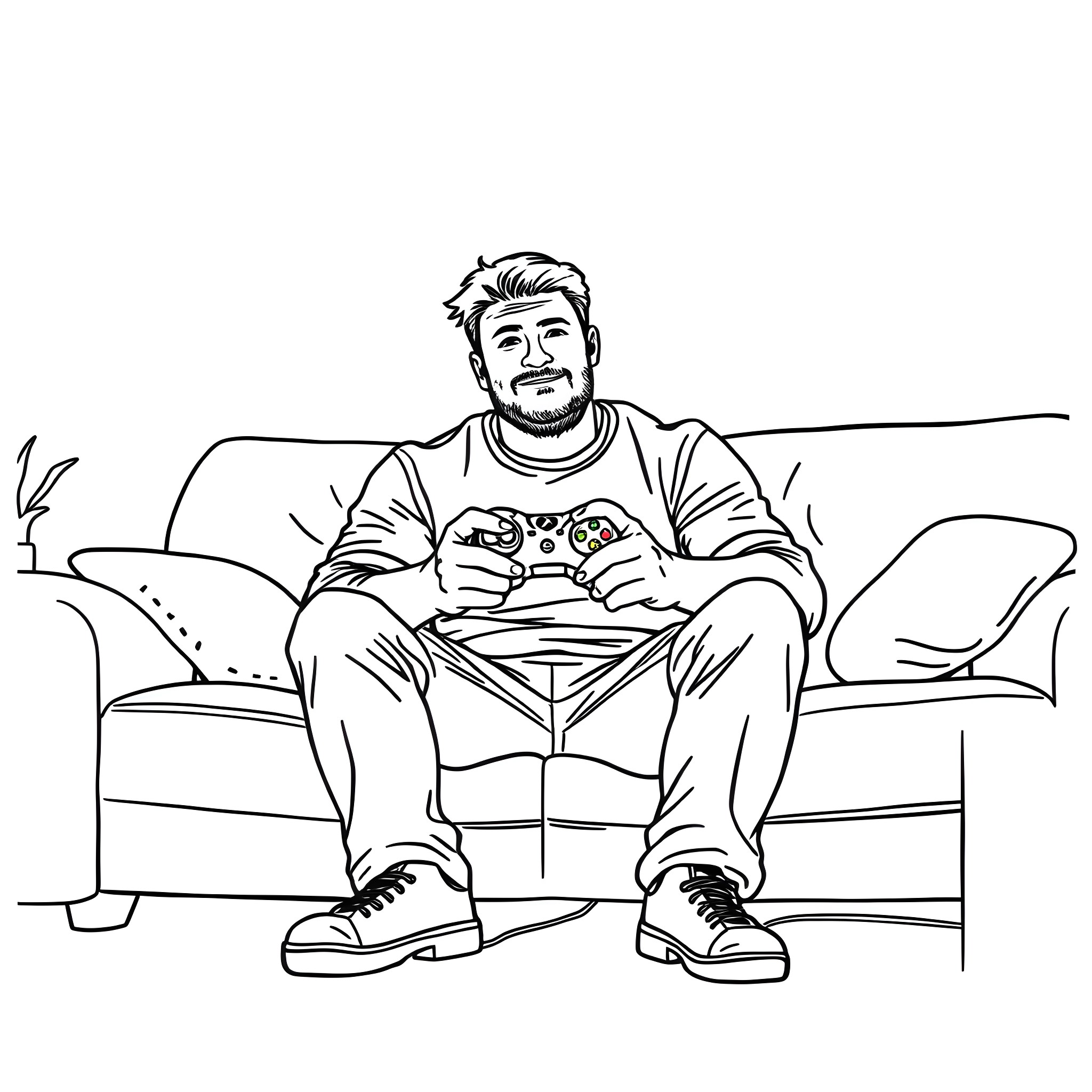Shane Gillis relaxing and playing video games on the couch Coloring Page (free black-and-white line drawing printable PDF for all, from beginners to advanced learners, including children, teens, adults, and seniors)
