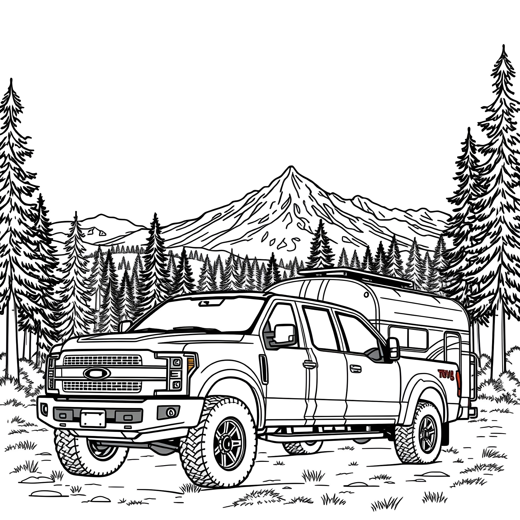 Pickup truck on the rugged mountain road Coloring Page (free black-and-white line drawing printable PDF for all, from beginners to advanced learners, including children, teens, adults, and seniors)
