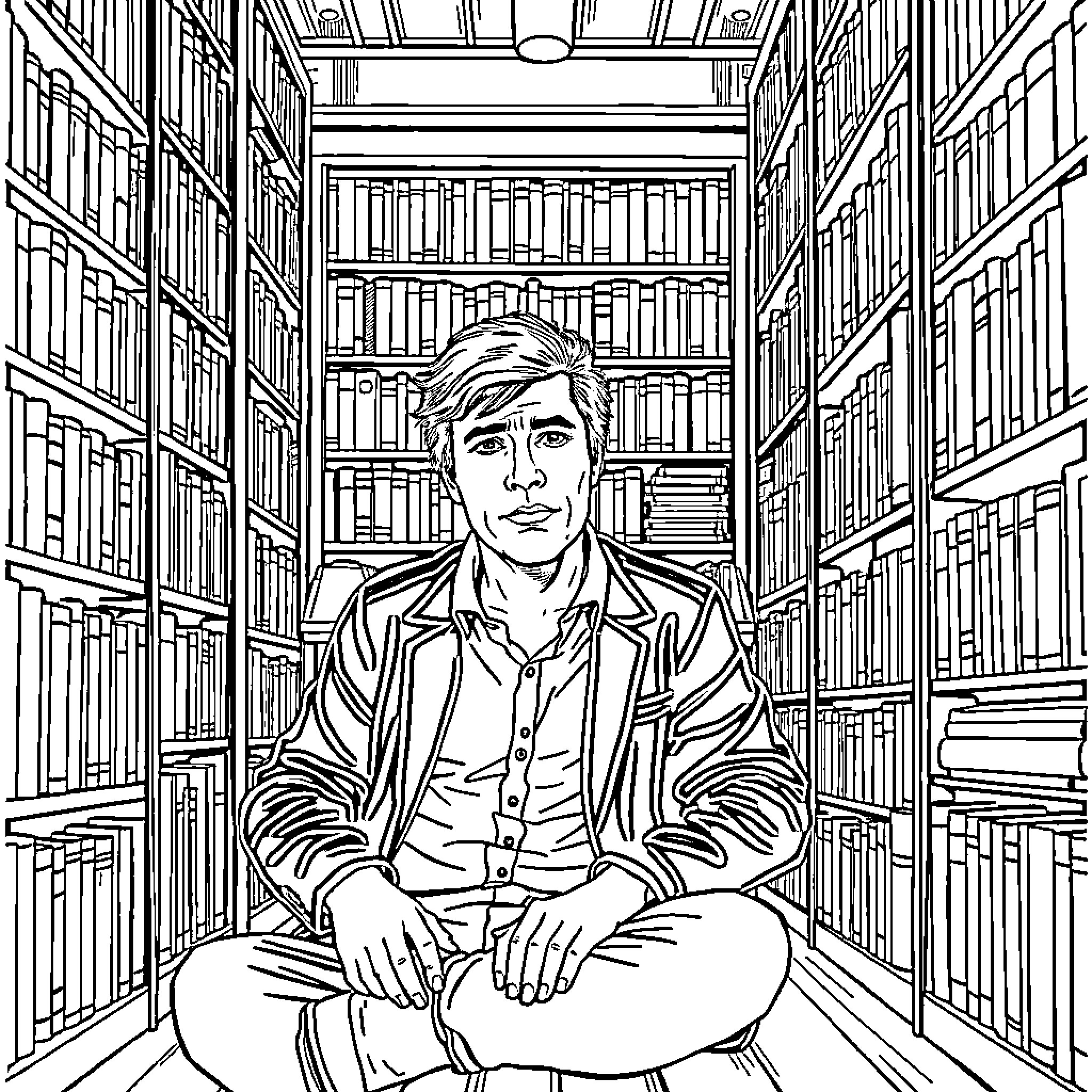 Morrissey in a contemplative library scene Coloring Page (free black-and-white line drawing printable PDF for all, from beginners to advanced learners, including children, teens, adults, and seniors)