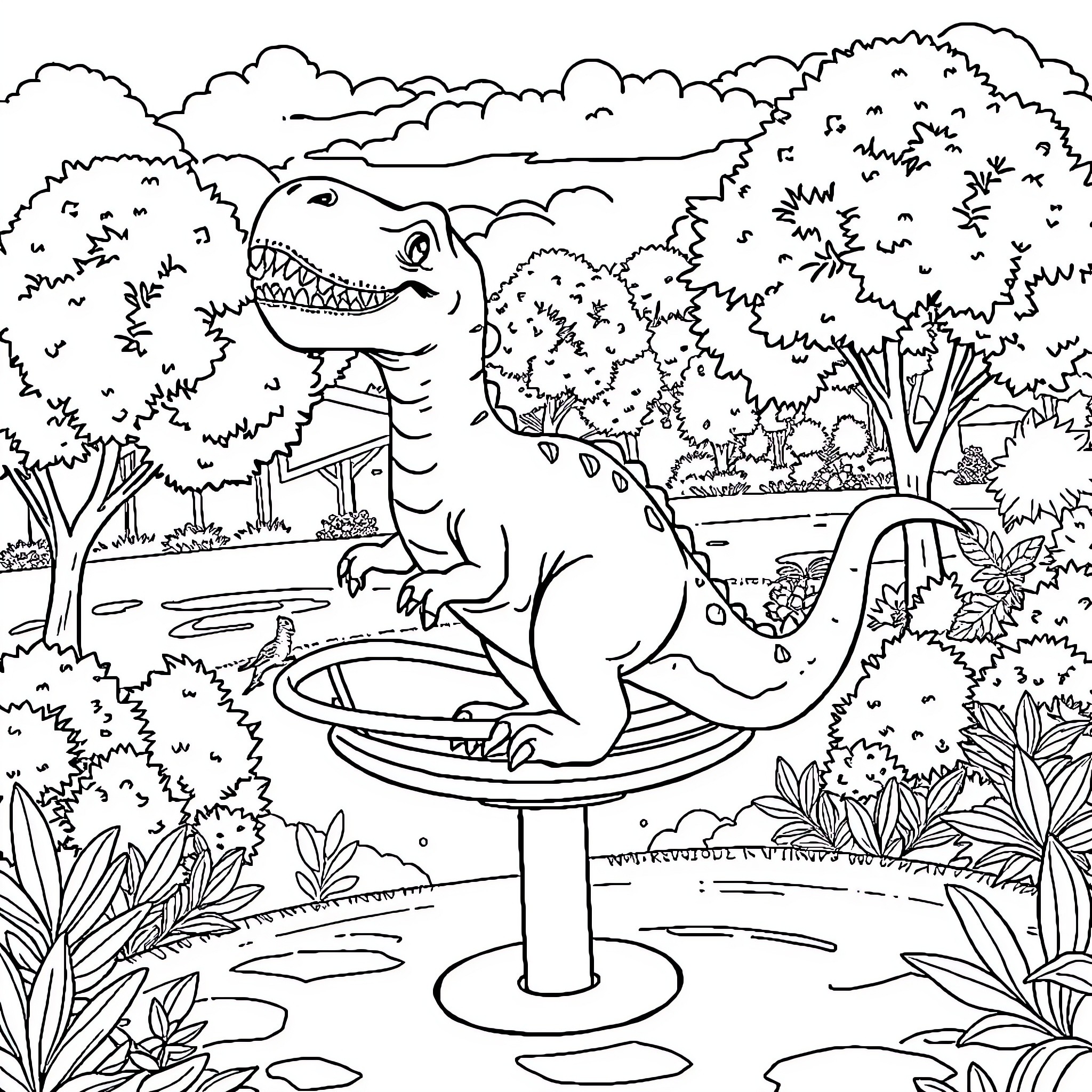 Dinosaur enjoying a bird bath in a lush garden Coloring Page (free black-and-white line drawing printable PDF for all, from beginners to advanced learners, including children, teens, adults, and seniors)