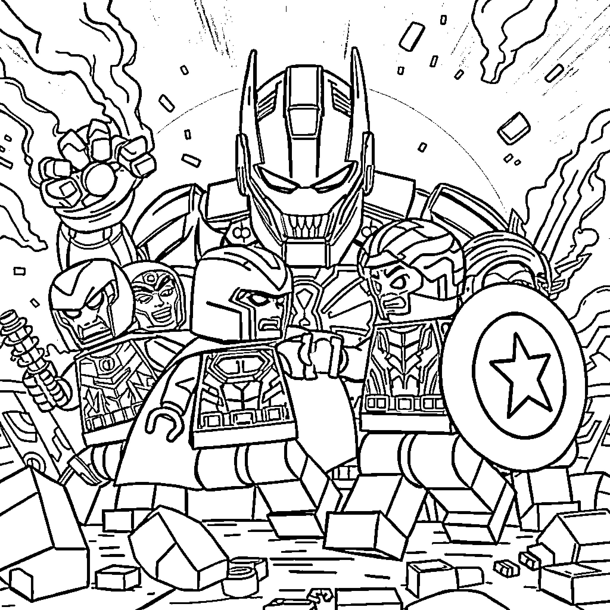 Avenger heroes in action-packed battle scene Coloring Page (free black-and-white line drawing printable PDF for all, from beginners to advanced learners, including children, teens, adults, and seniors)