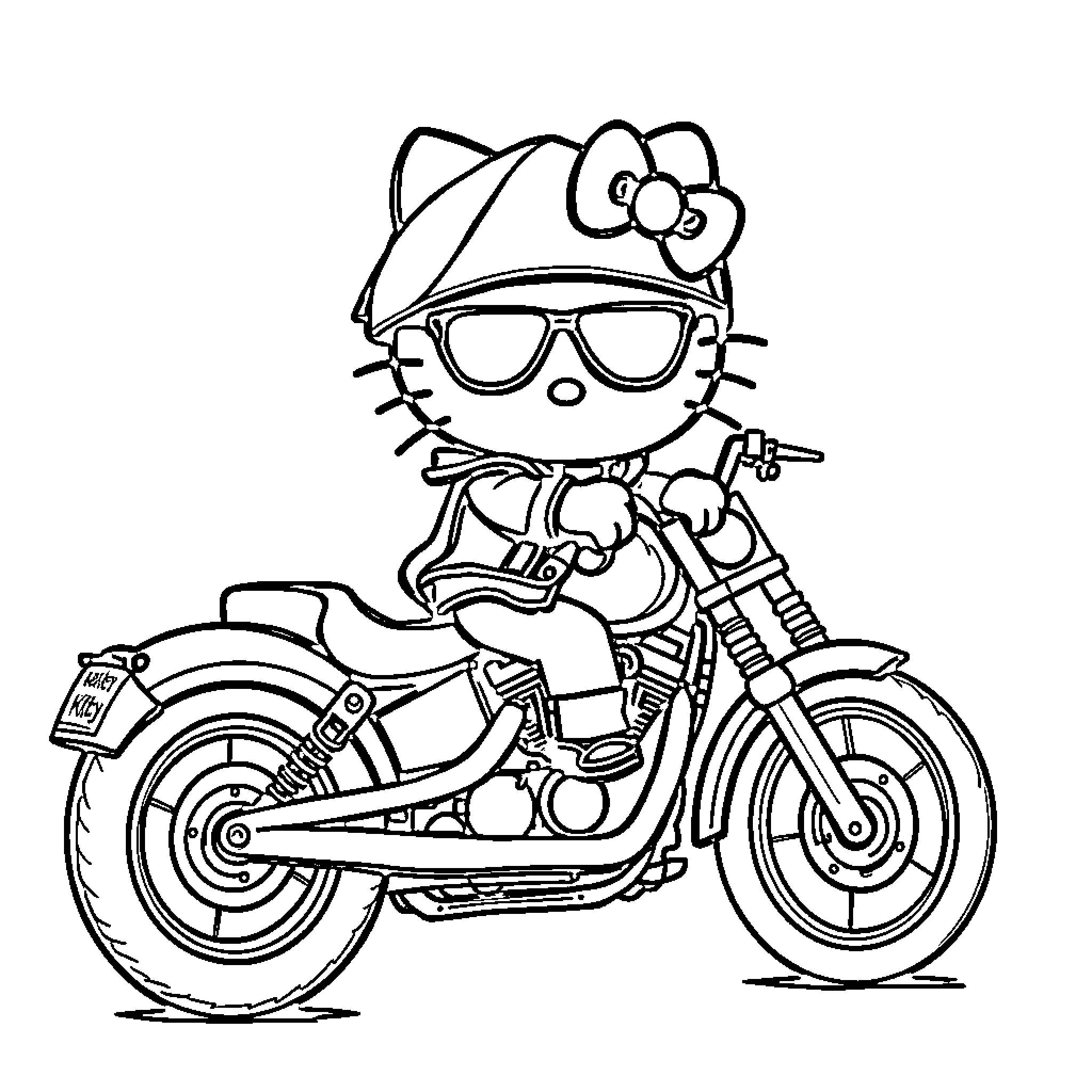 Hello Kitty riding a motorcycle Coloring Page (free black-and-white line drawing printable PDF for all, from beginners to advanced learners, including children, teens, adults, and seniors)