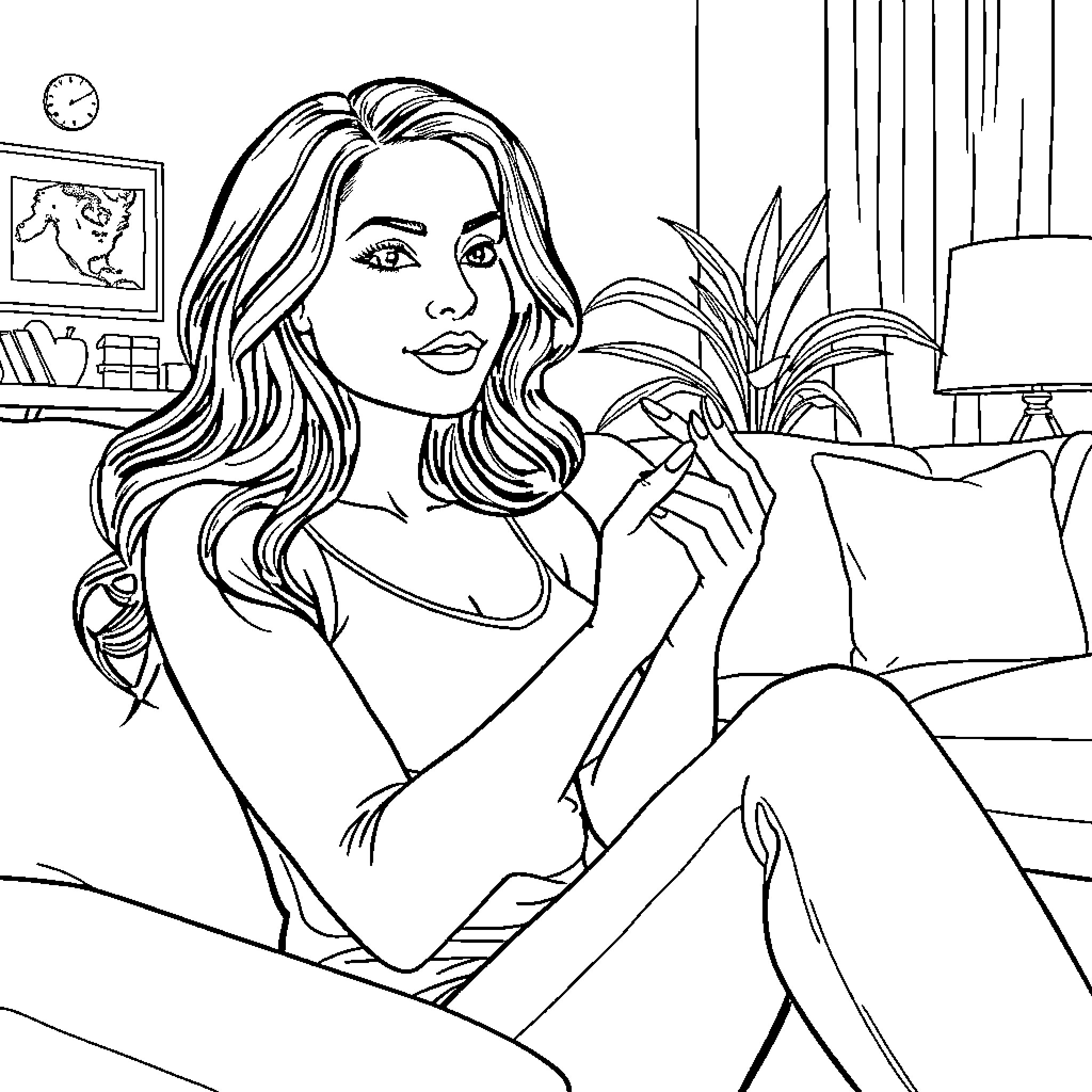 Latina woman relaxing at home Coloring Page (free black-and-white line drawing printable PDF for all, from beginners to advanced learners, including children, teens, adults, and seniors)