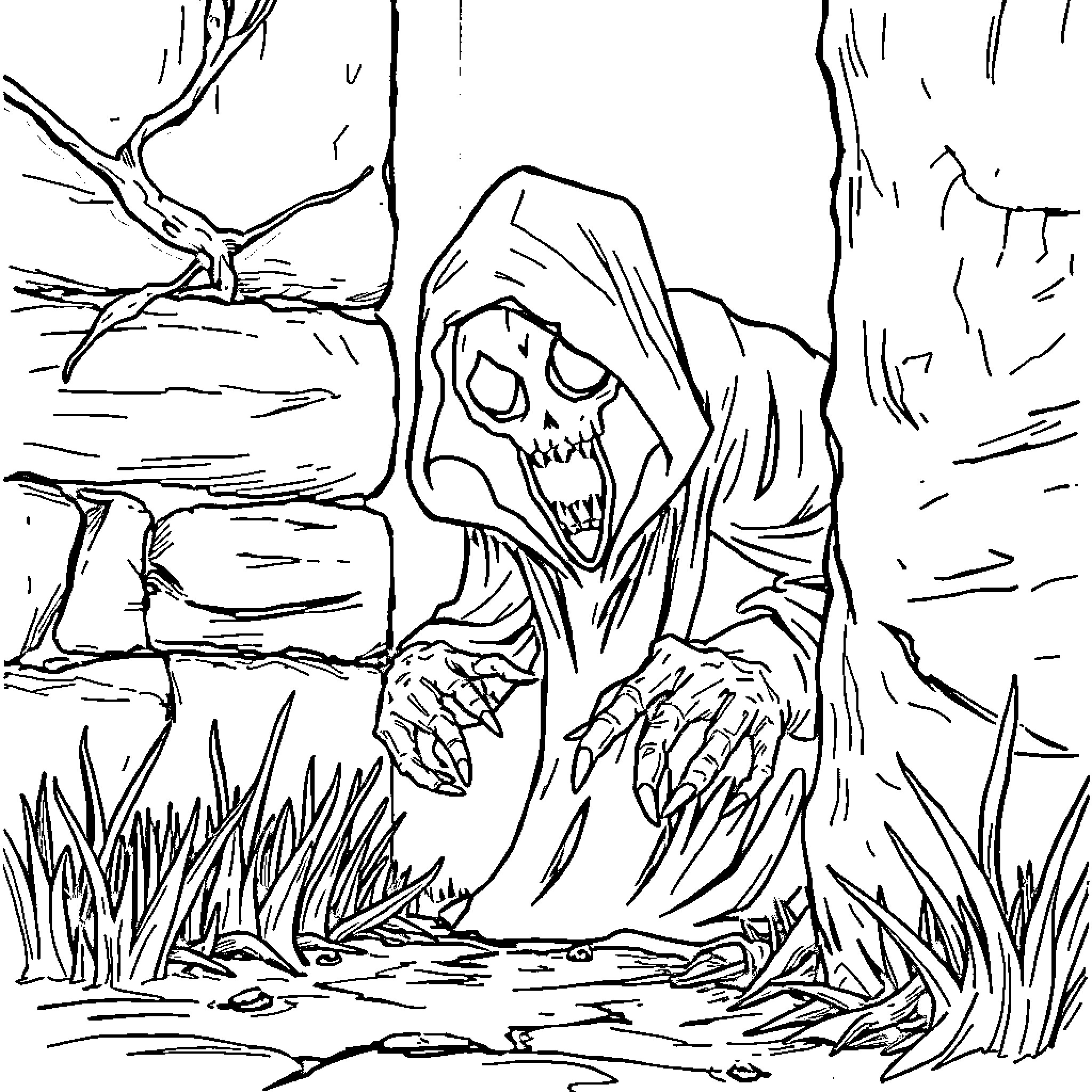 Creeper lurking in a dark forest Coloring Page (free black-and-white line drawing printable PDF for all, from beginners to advanced learners, including children, teens, adults, and seniors)