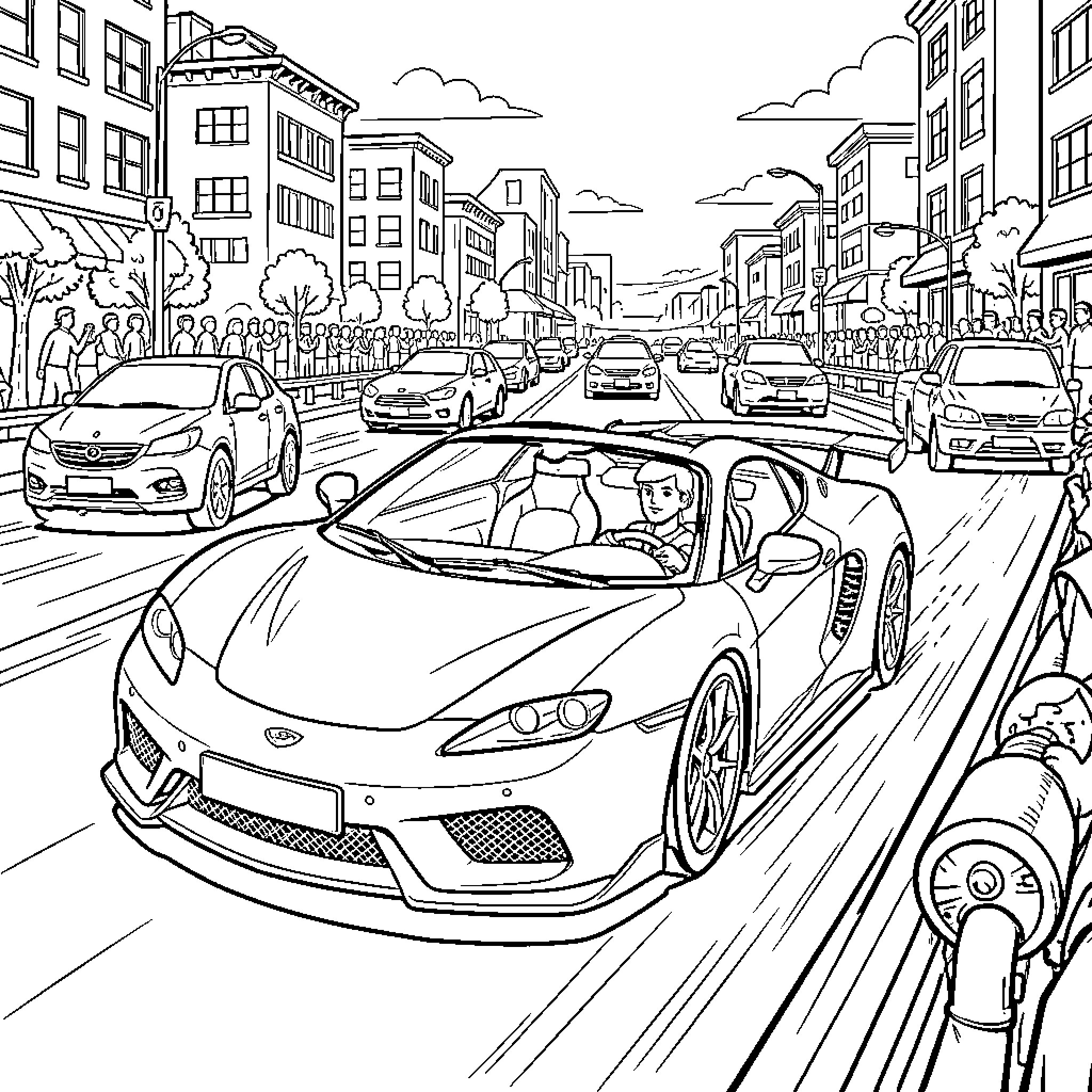 Ion driving a sleek sports car through city streets Coloring Page (free black-and-white line drawing printable PDF for all, from beginners to advanced learners, including children, teens, adults, and seniors)