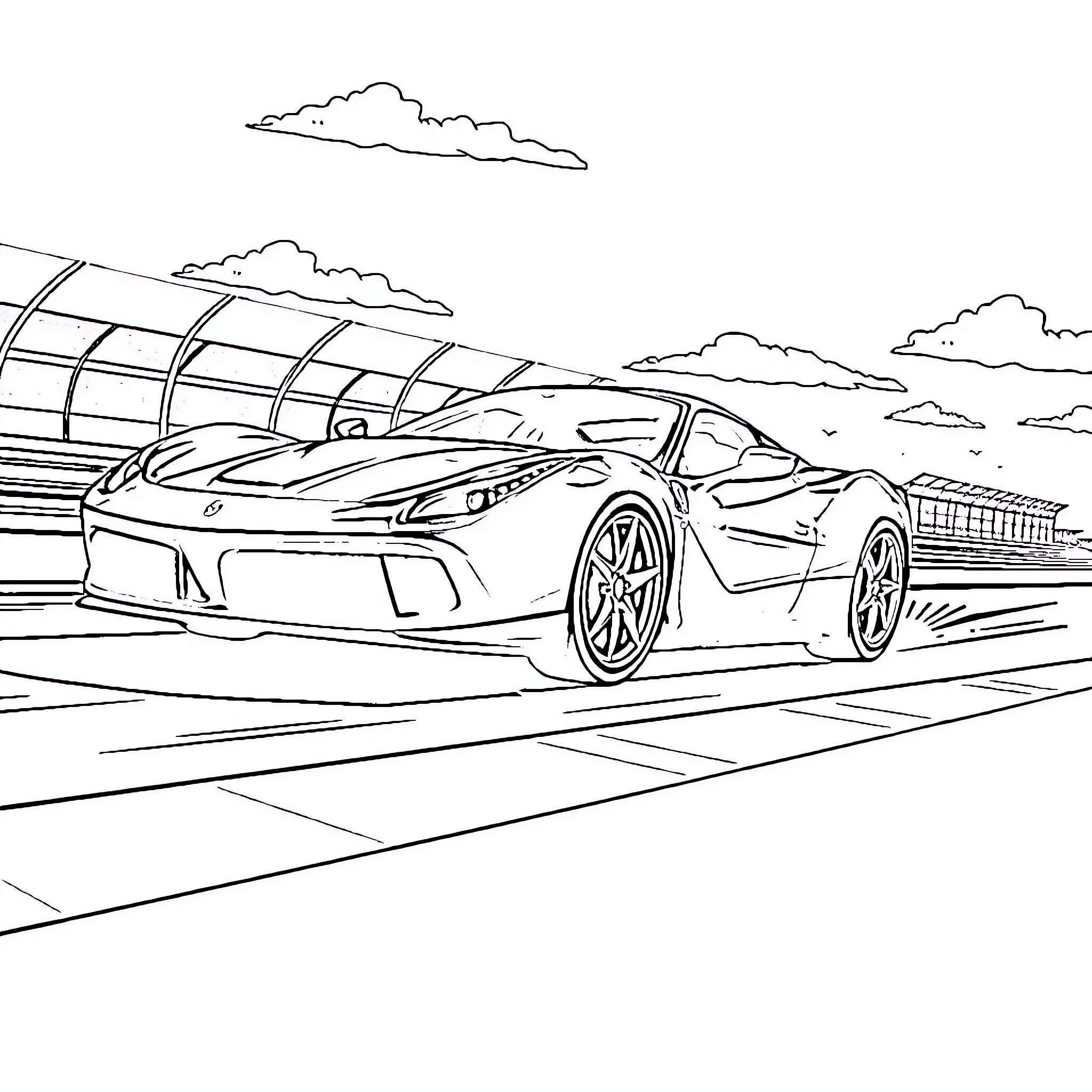 Ferrari sports car on the racetrack Coloring Page (free black-and-white line drawing printable PDF for all, from beginners to advanced learners, including children, teens, adults, and seniors)