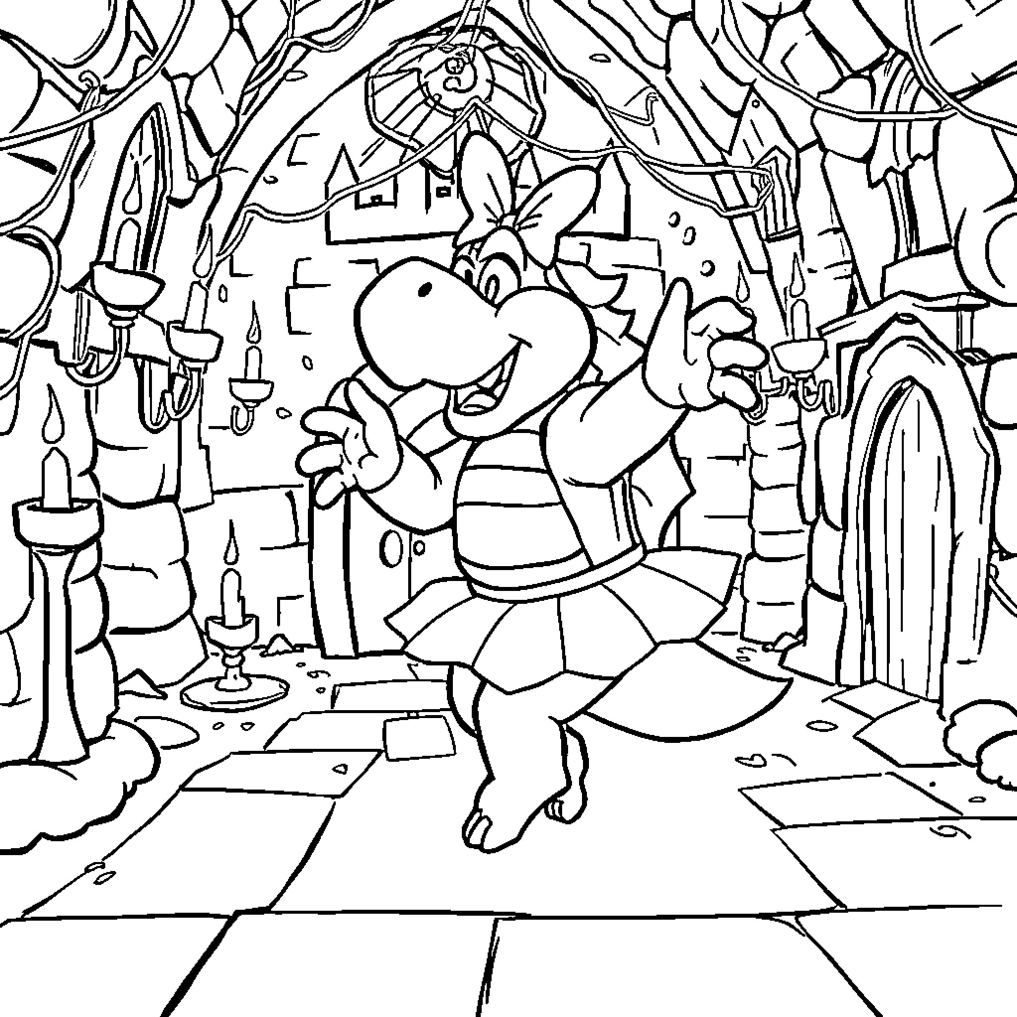 Bowser's Castle Adventure Coloring Page (free black-and-white line drawing printable PDF for all, from beginners to advanced learners, including children, teens, adults, and seniors)