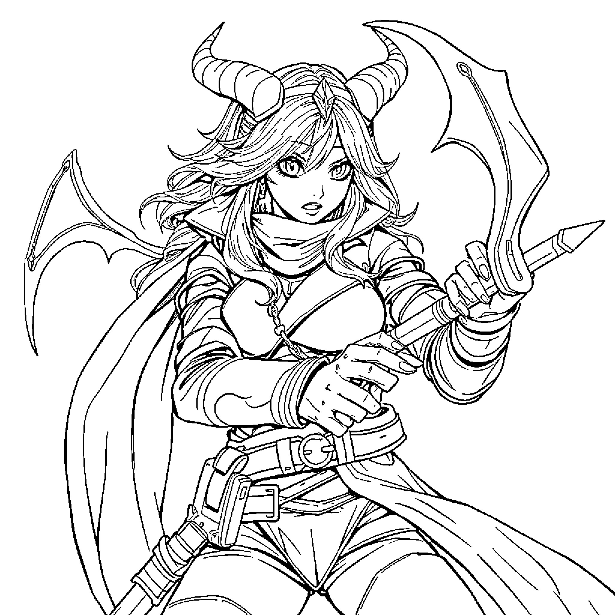 Rumi the Fierce Demon Warrior Coloring Page (free black-and-white line drawing printable PDF for all, from beginners to advanced learners, including children, teens, adults, and seniors)