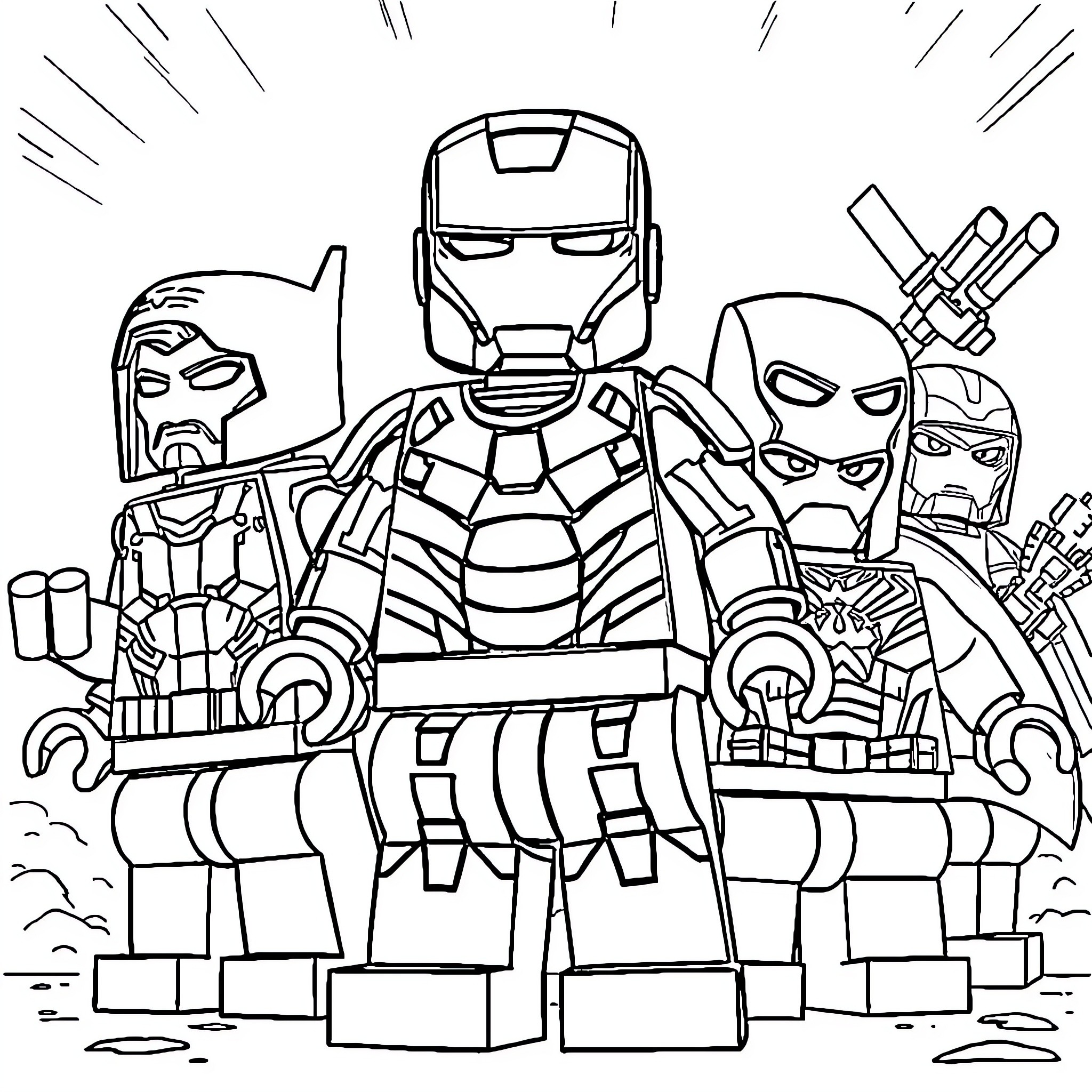 Iron Man and his Superhero Squad in Action Coloring Page (free black-and-white line drawing printable PDF for all, from beginners to advanced learners, including children, teens, adults, and seniors)