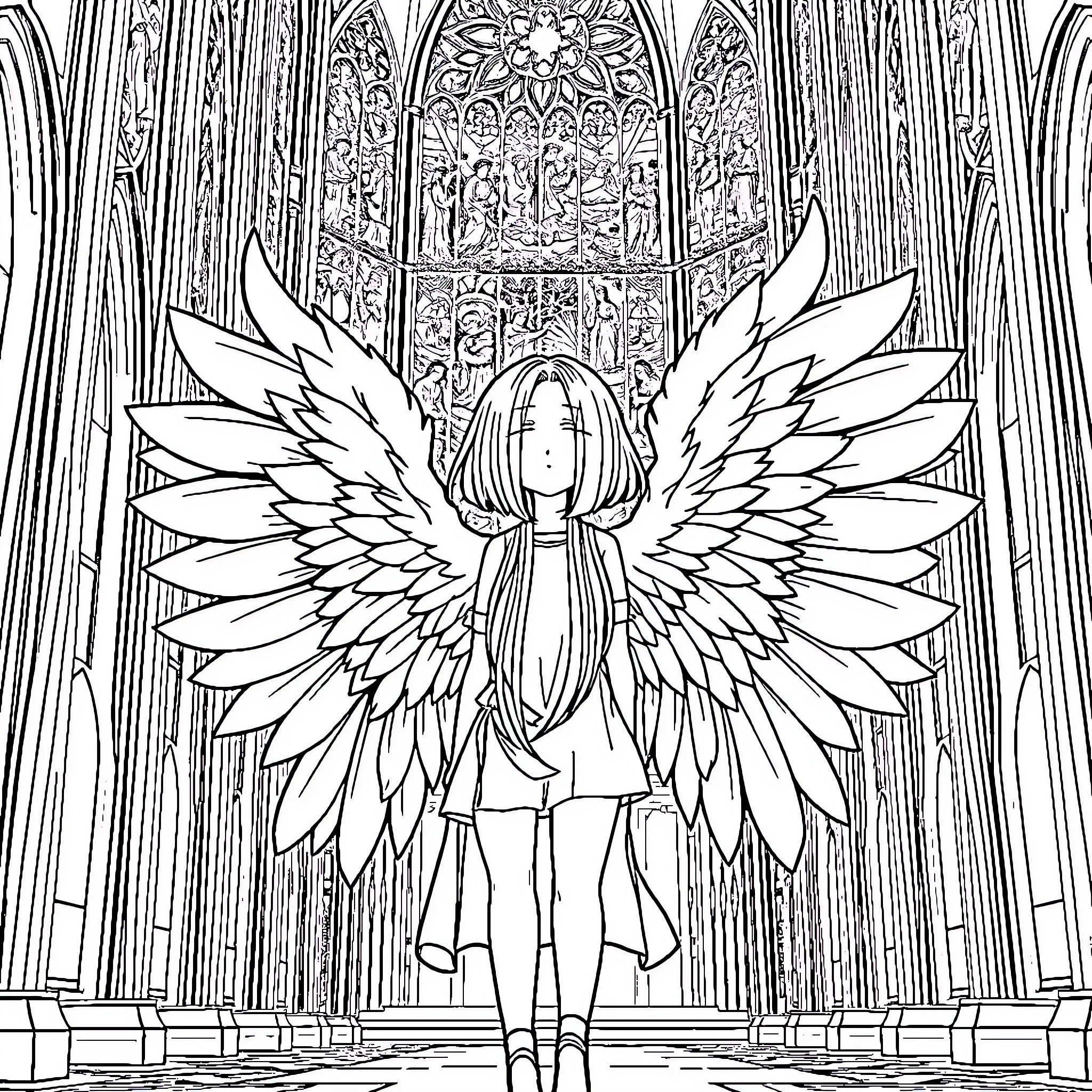 Anime Girl with Majestic Wings in Ornate Cathedral Coloring Page (free black-and-white line drawing printable PDF for all, from beginners to advanced learners, including children, teens, adults, and seniors)