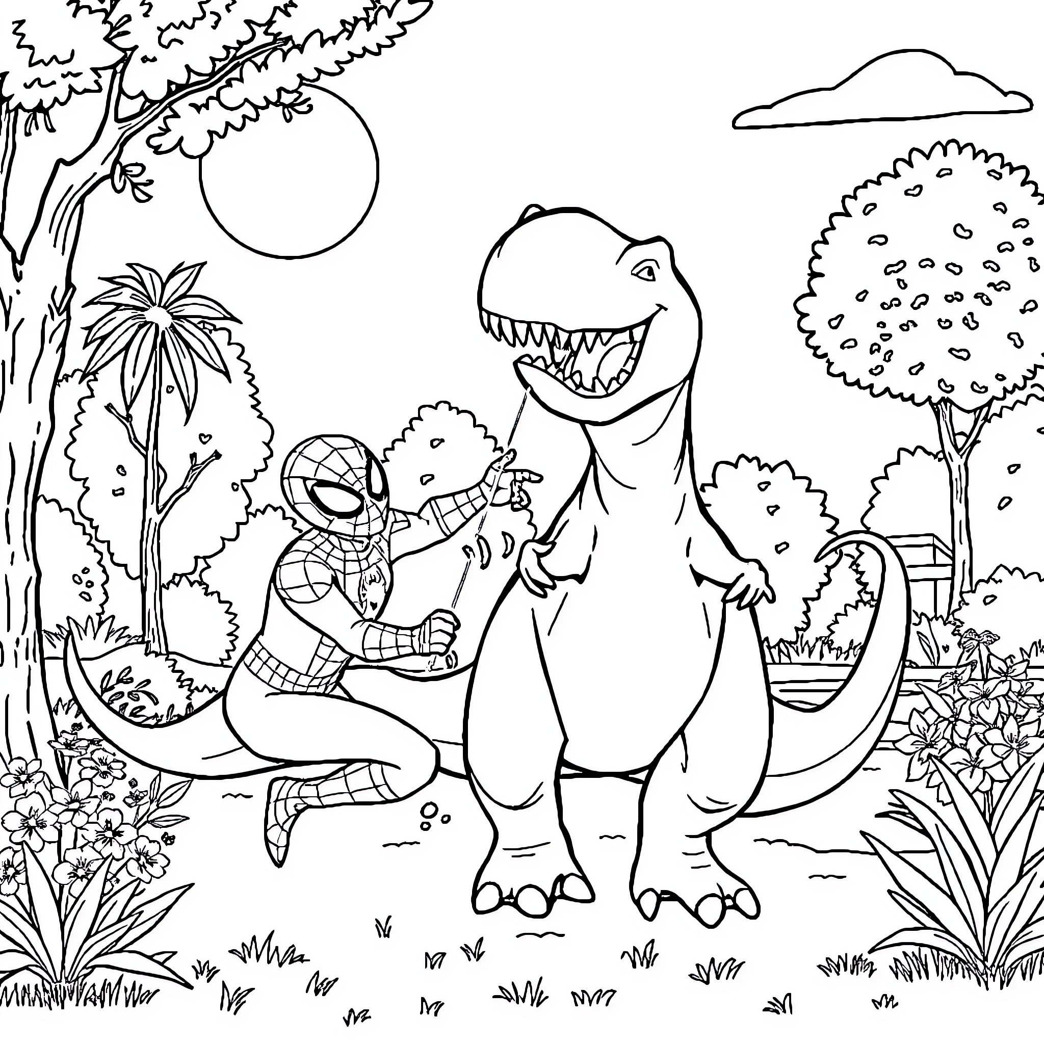 Dinosaur and Spider-Man explore the jungle Coloring Page (free black-and-white line drawing printable PDF for all, from beginners to advanced learners, including children, teens, adults, and seniors)