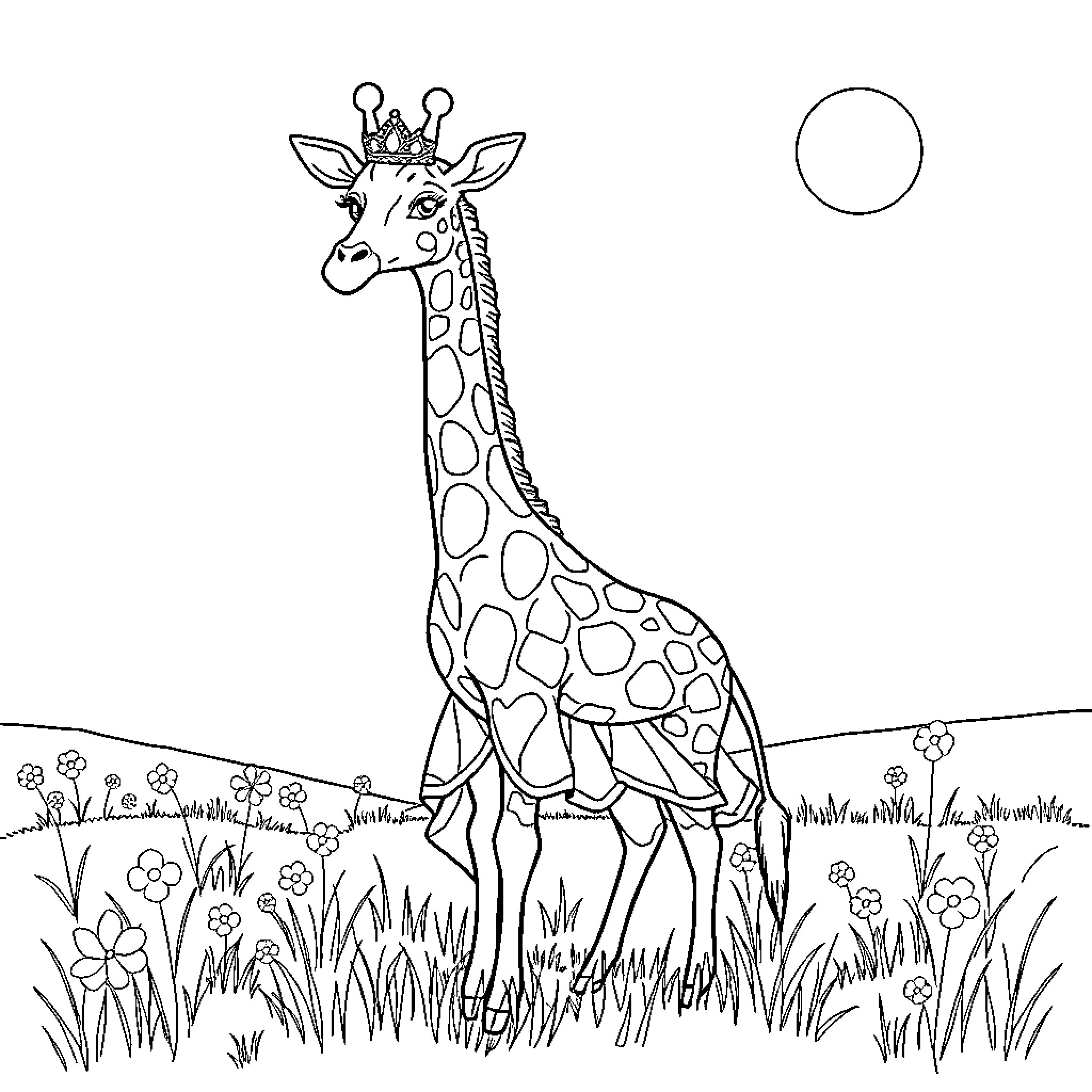 Giraffe with crown in a flowery meadow Coloring Page (free black-and-white line drawing printable PDF for all, from beginners to advanced learners, including children, teens, adults, and seniors)