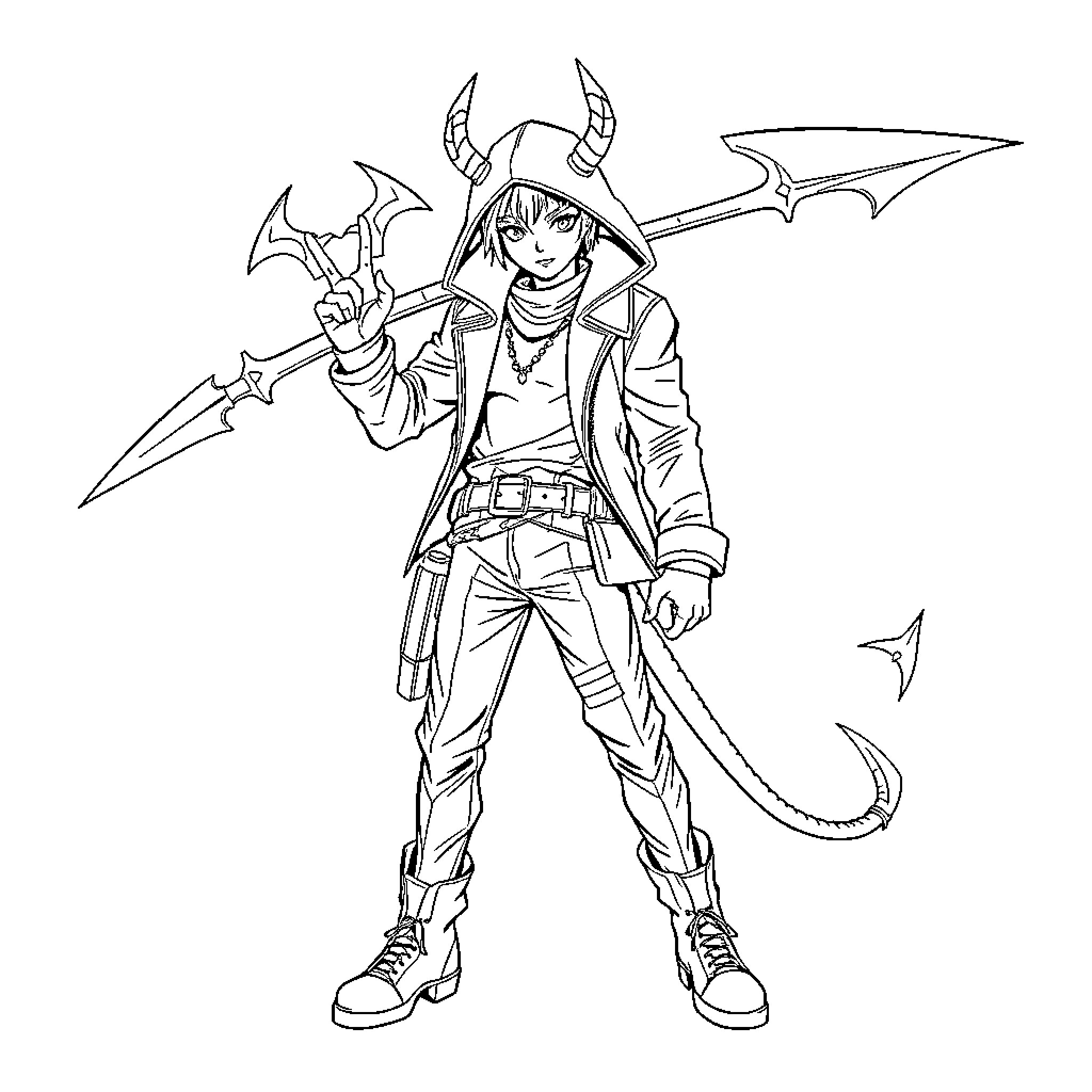 Kpop Demon Hunter in Action with Weaponry Coloring Page (free black-and-white line drawing printable PDF for all, from beginners to advanced learners, including children, teens, adults, and seniors)