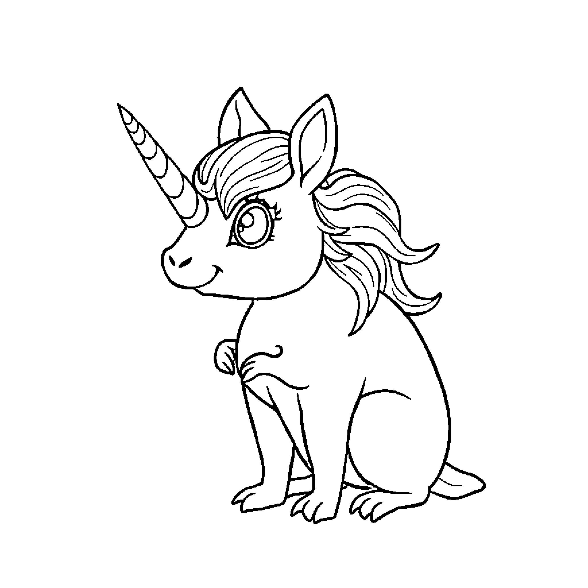 Unicorn sitting contentedly in black and white Coloring Page (free black-and-white line drawing printable PDF for all, from beginners to advanced learners, including children, teens, adults, and seniors)