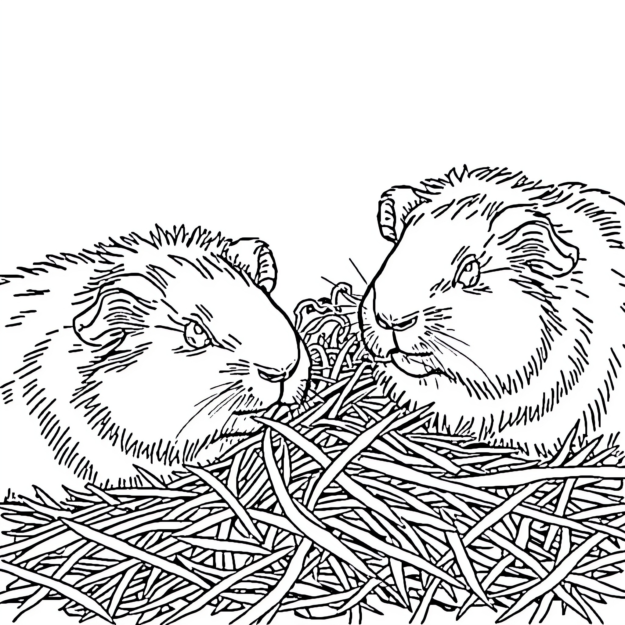 Guinea Pigs Nestled in Cozy Hay Bed Coloring Page (free black-and-white line drawing printable PDF for all, from beginners to advanced learners, including children, teens, adults, and seniors)