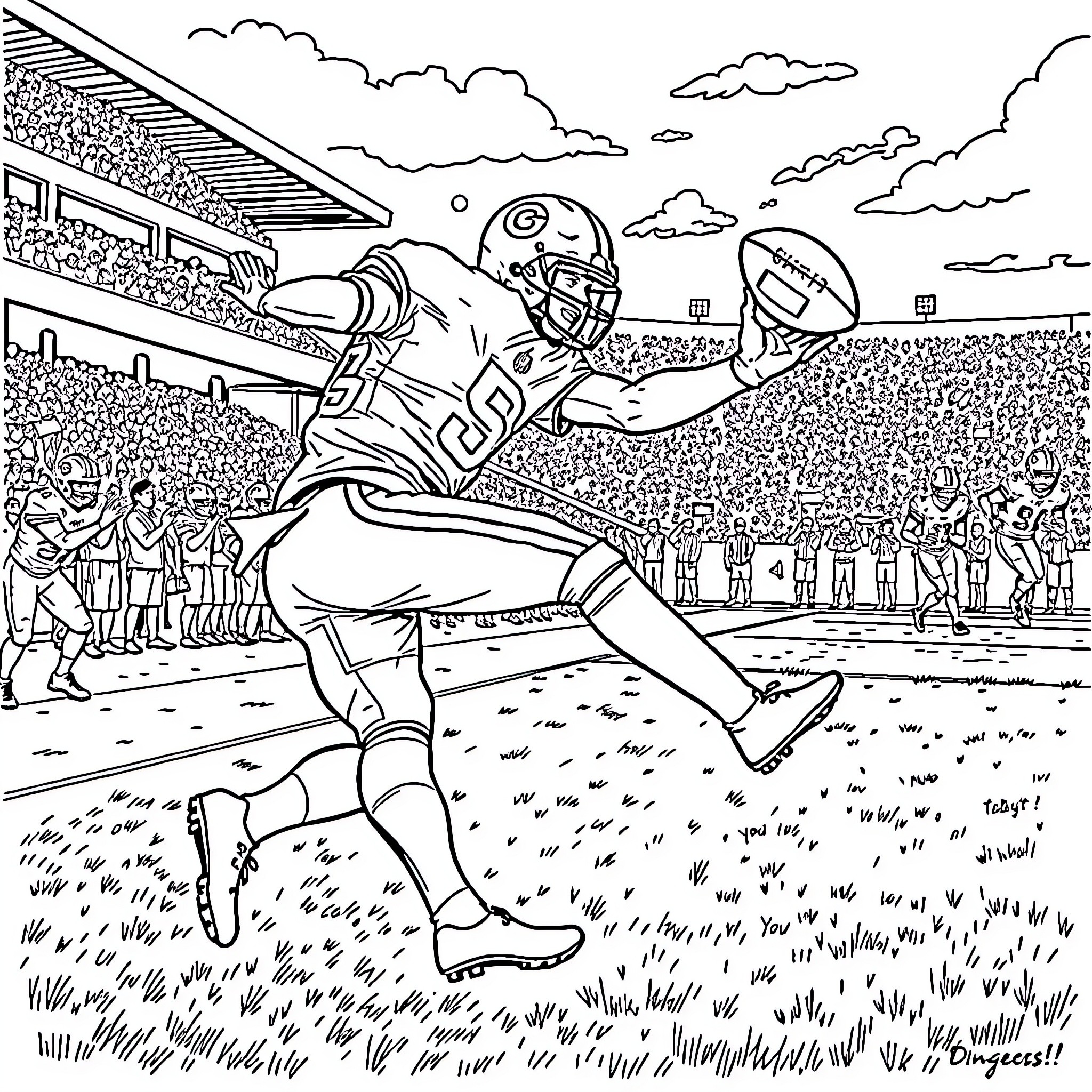 Nick Daicos playing American football on the field Coloring Page (free black-and-white line drawing printable PDF for all, from beginners to advanced learners, including children, teens, adults, and seniors)