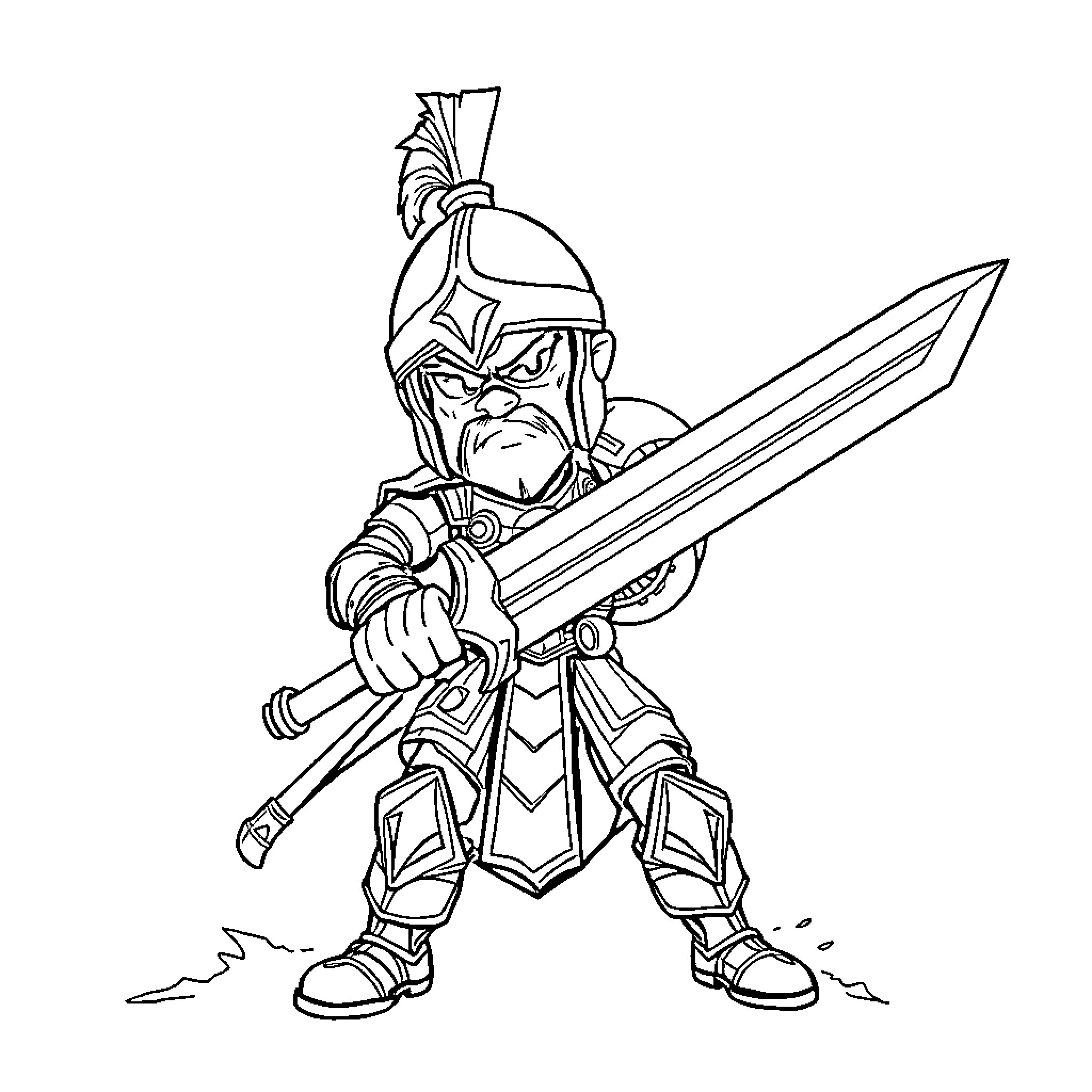 Warrior Wielding Mighty Sword with Determination Coloring Page (free black-and-white line drawing printable PDF for all, from beginners to advanced learners, including children, teens, adults, and seniors)