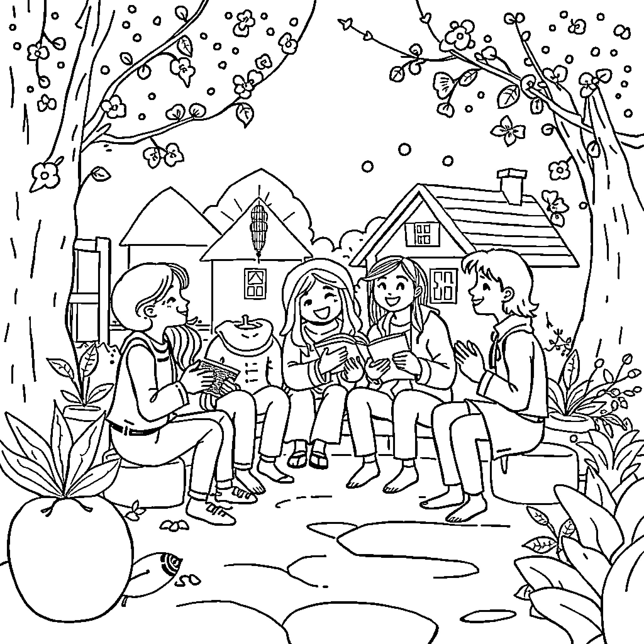 Community Gathering Under Blossom Trees Coloring Page (free black-and-white line drawing printable PDF for all, from beginners to advanced learners, including children, teens, adults, and seniors)