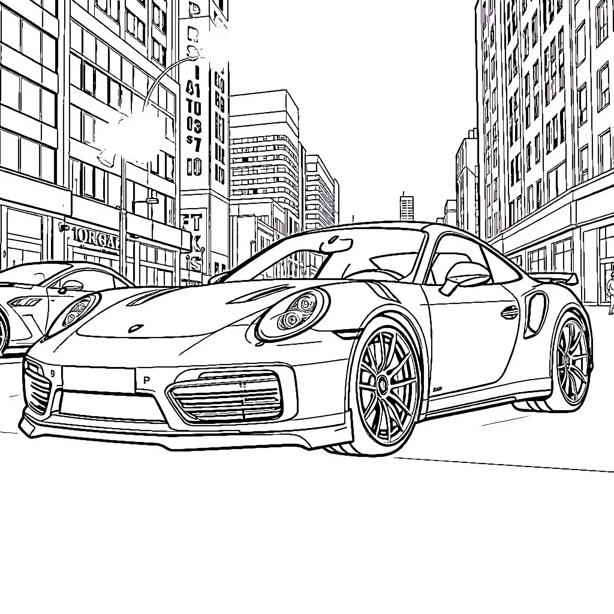Porsche luxury sports car in the city Coloring Page (free black-and-white line drawing printable PDF for all, from beginners to advanced learners, including children, teens, adults, and seniors)
