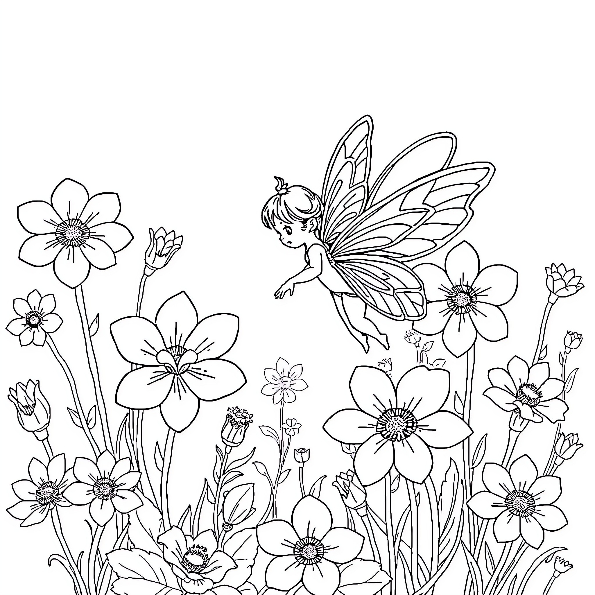 Fairy playing amidst blooming flowers Coloring Page (free black-and-white line drawing printable PDF for all, from beginners to advanced learners, including children, teens, adults, and seniors)