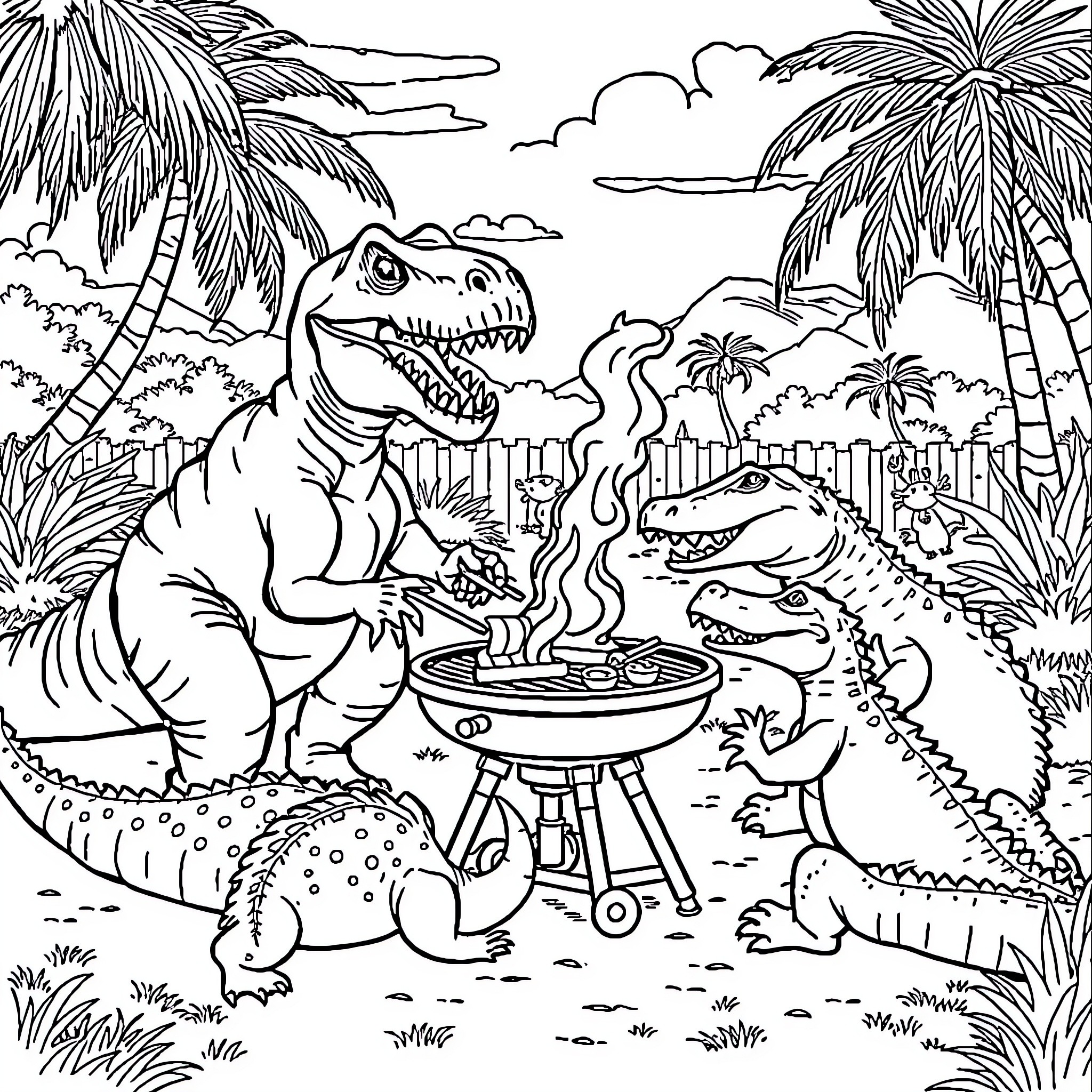 T-Rex Grilling with Dinosaur Friends in Tropical Landscape Coloring Page (free black-and-white line drawing printable PDF for all, from beginners to advanced learners, including children, teens, adults, and seniors)