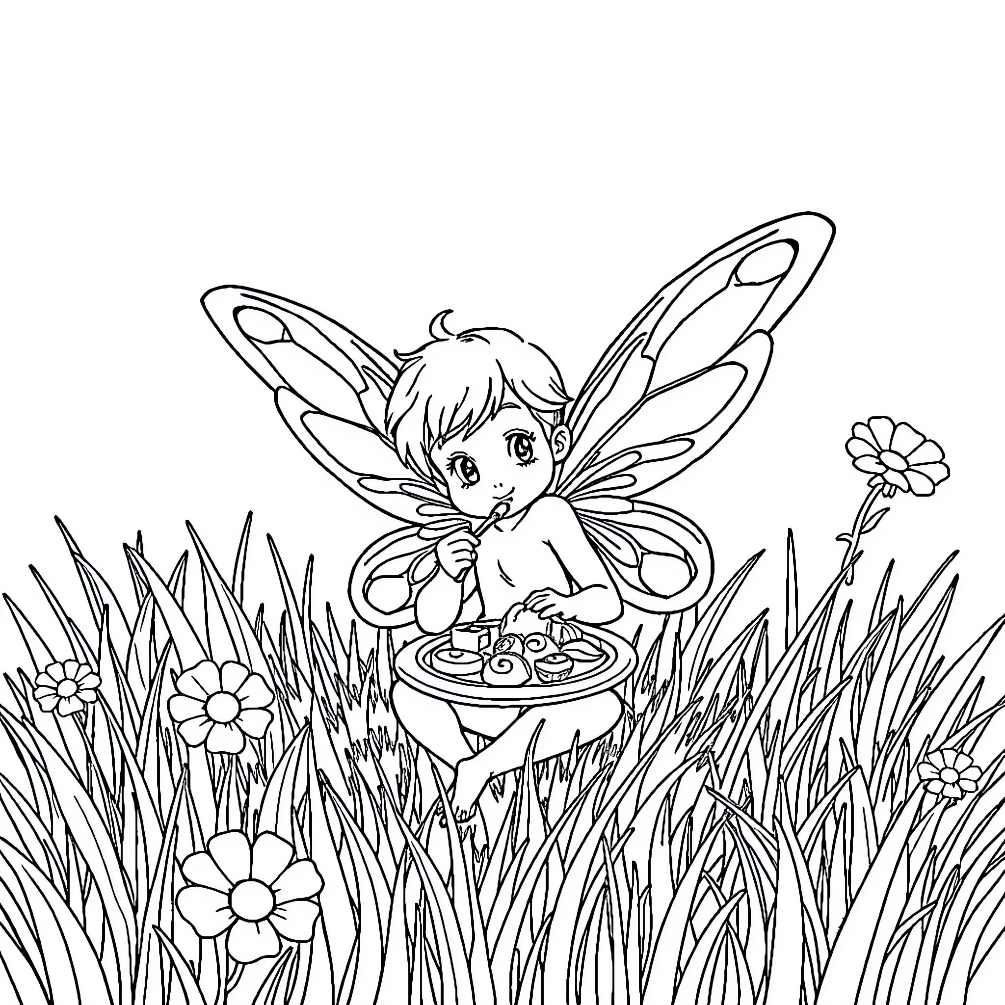 Fairy resting among flowers in a meadow Coloring Page (free black-and-white line drawing printable PDF for all, from beginners to advanced learners, including children, teens, adults, and seniors)