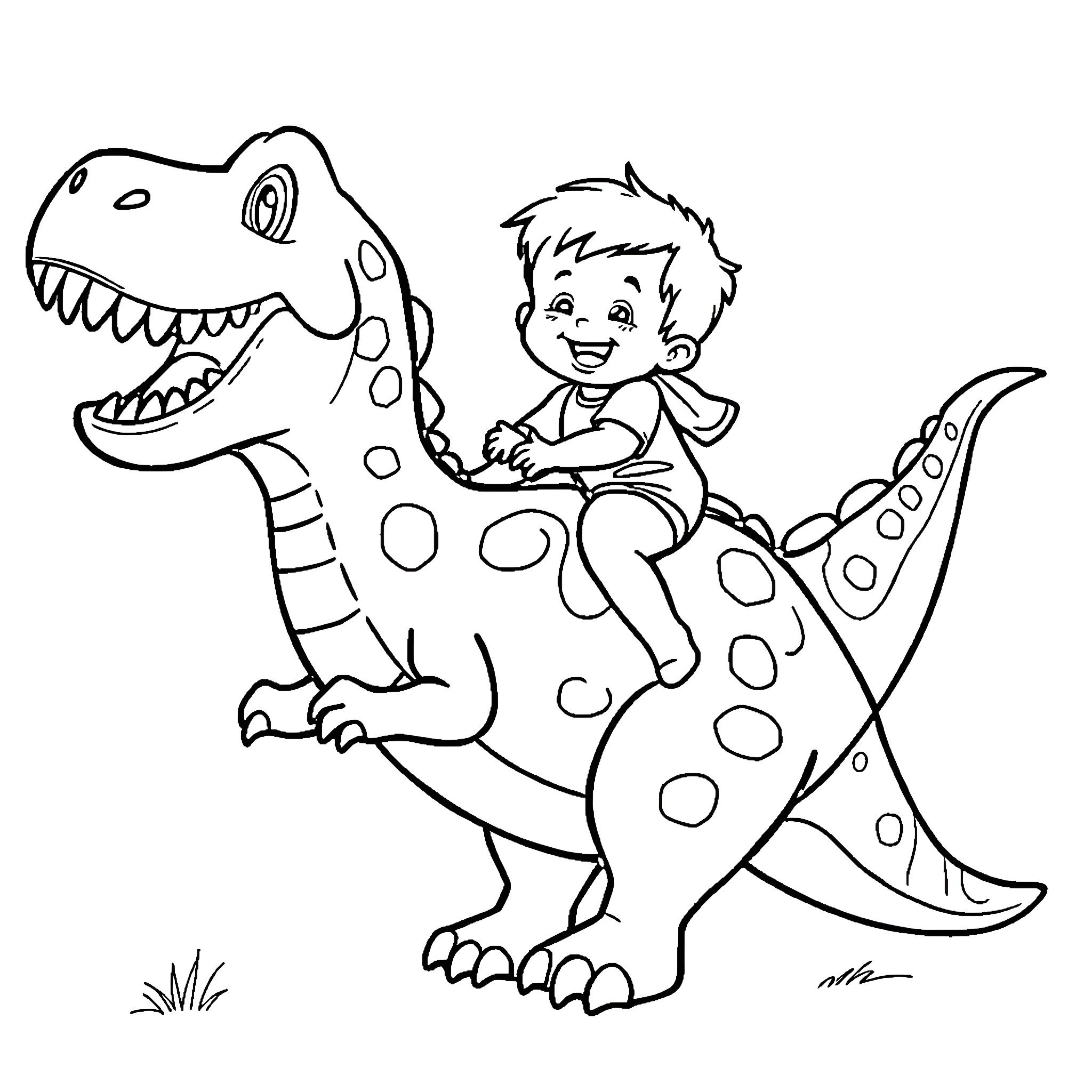 Toddler riding a friendly dinosaur Coloring Page (free black-and-white line drawing printable PDF for all, from beginners to advanced learners, including children, teens, adults, and seniors)