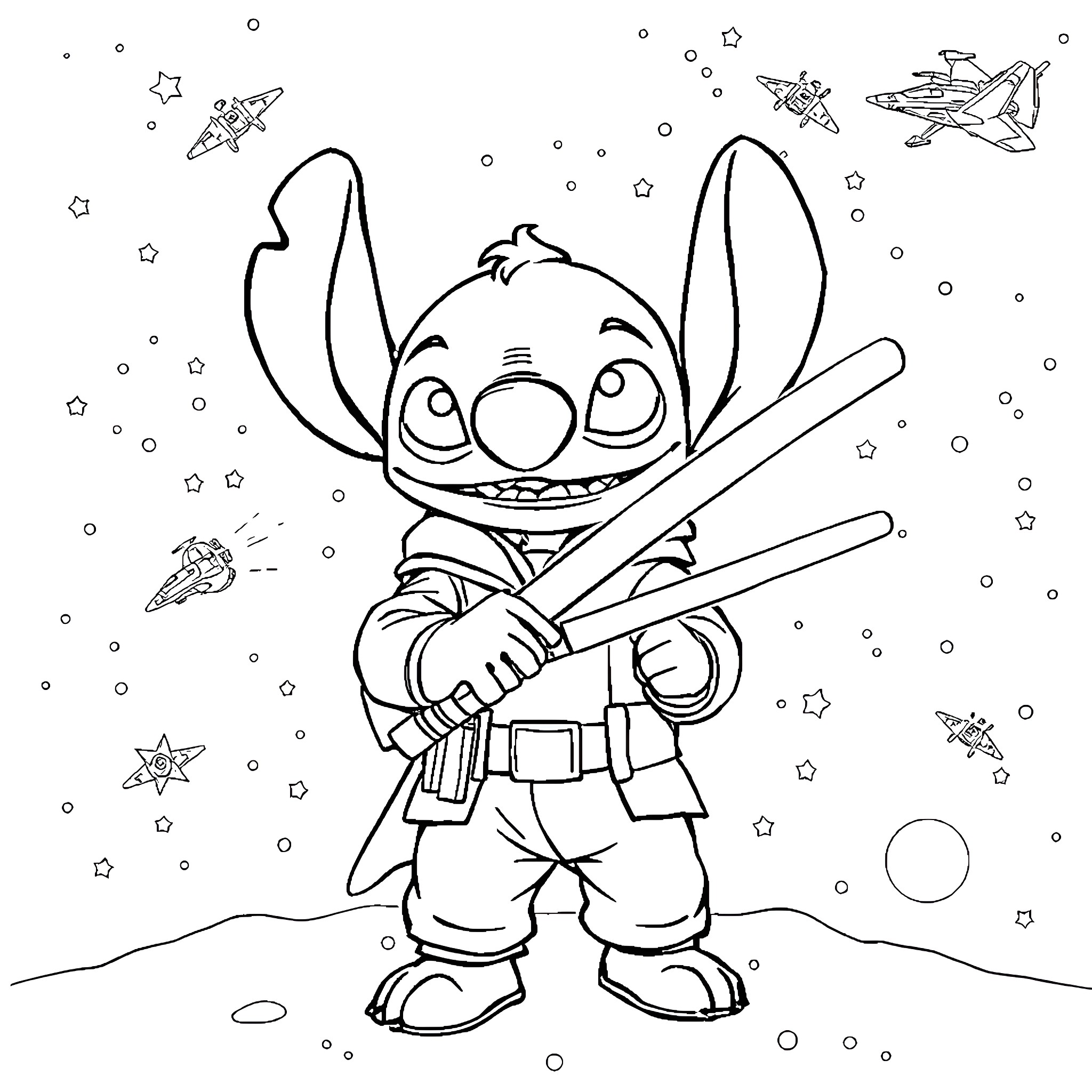 Stitch in a Playful Outer Space Adventure Coloring Page (free black-and-white line drawing printable PDF for all, from beginners to advanced learners, including children, teens, adults, and seniors)