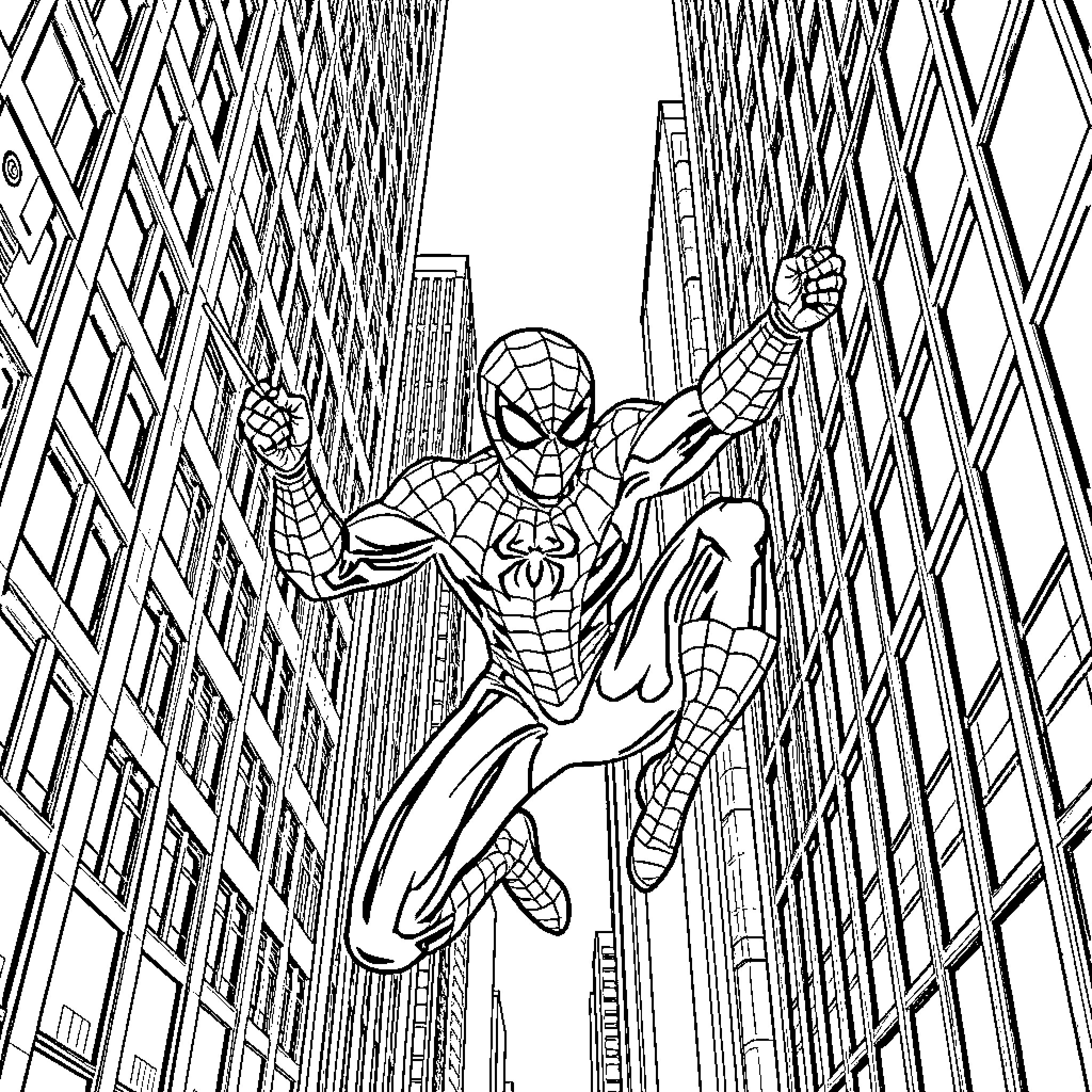 Spiderman swinging through the city skyline Coloring Page (free black-and-white line drawing printable PDF for all, from beginners to advanced learners, including children, teens, adults, and seniors)