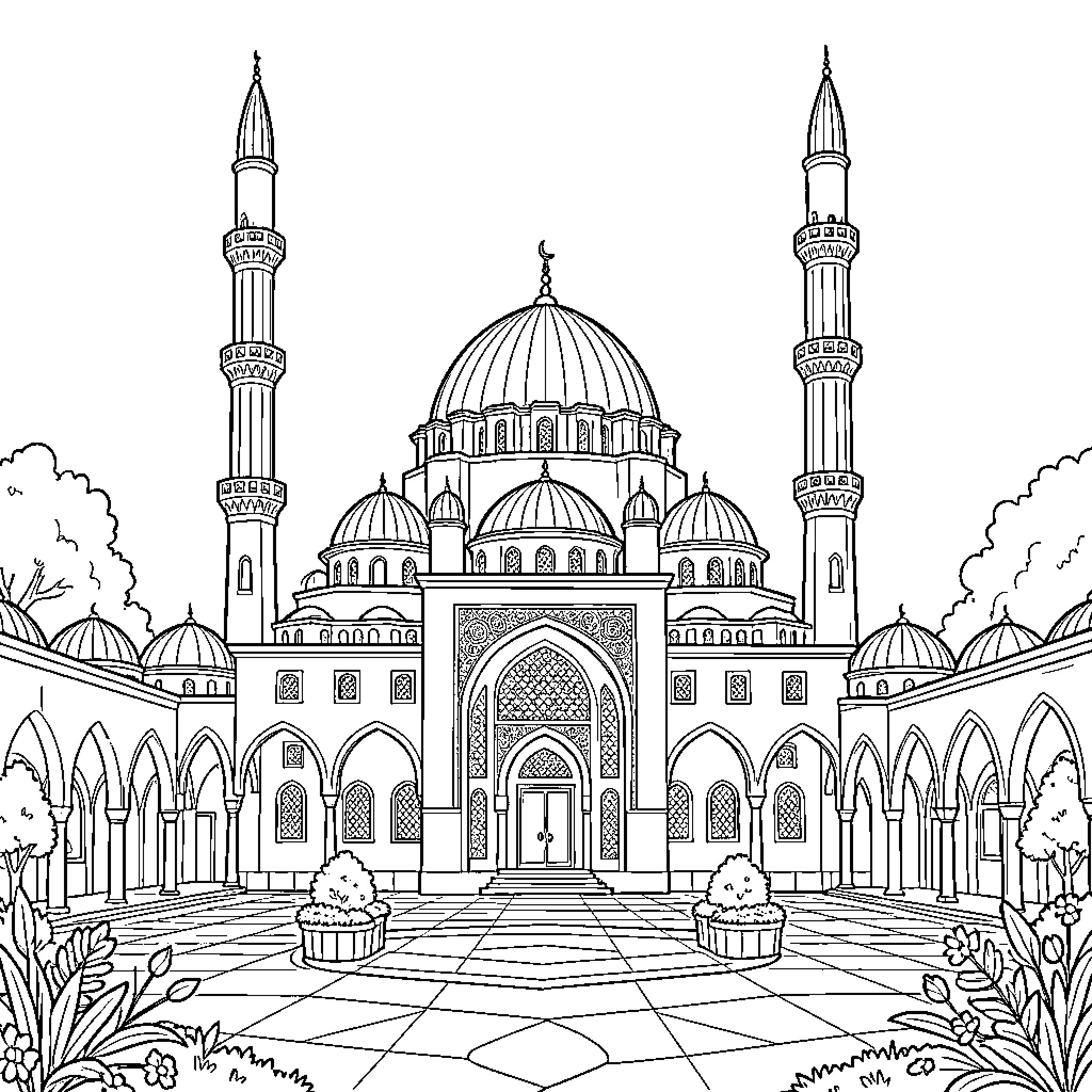 Mosque standing grandly amidst a peaceful courtyard scene Coloring Page (free black-and-white line drawing printable PDF for all, from beginners to advanced learners, including children, teens, adults, and seniors)