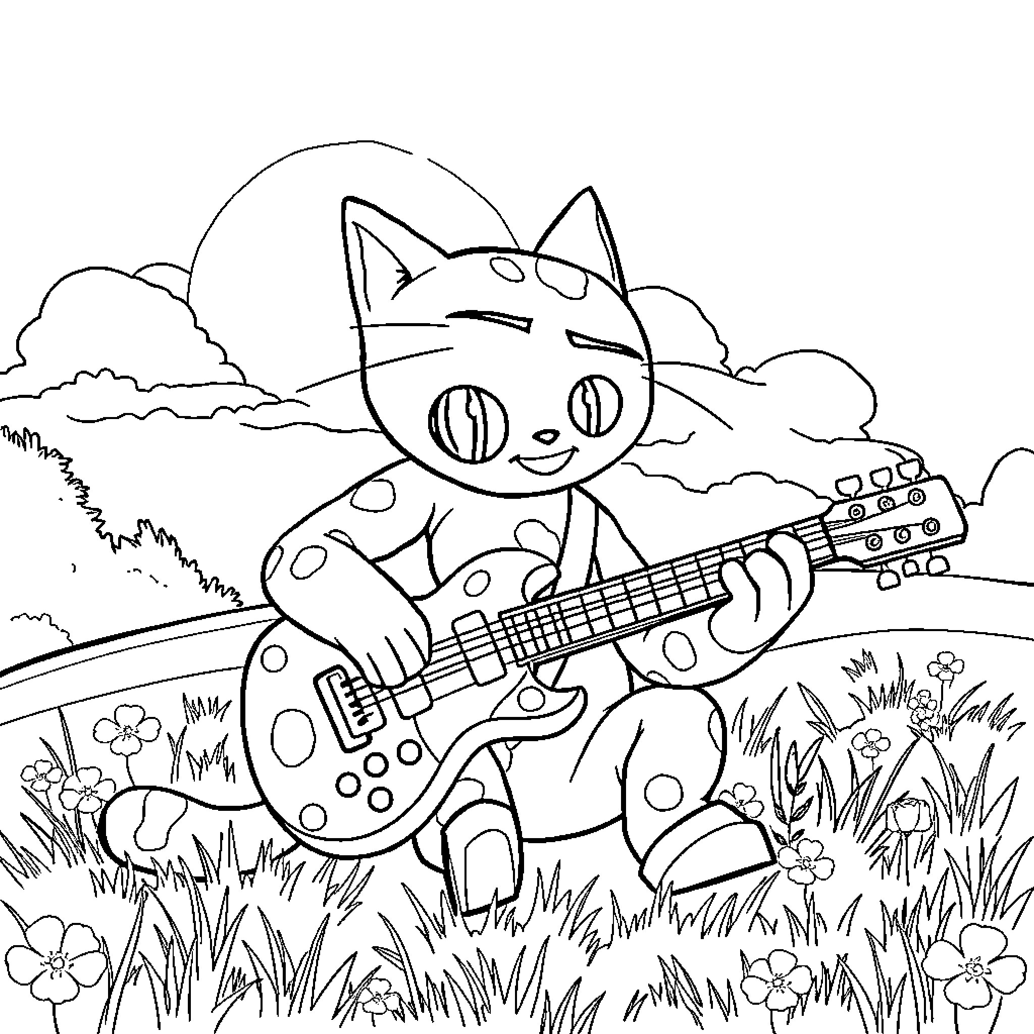 Catbug playing guitar in a meadow Coloring Page (free black-and-white line drawing printable PDF for all, from beginners to advanced learners, including children, teens, adults, and seniors)