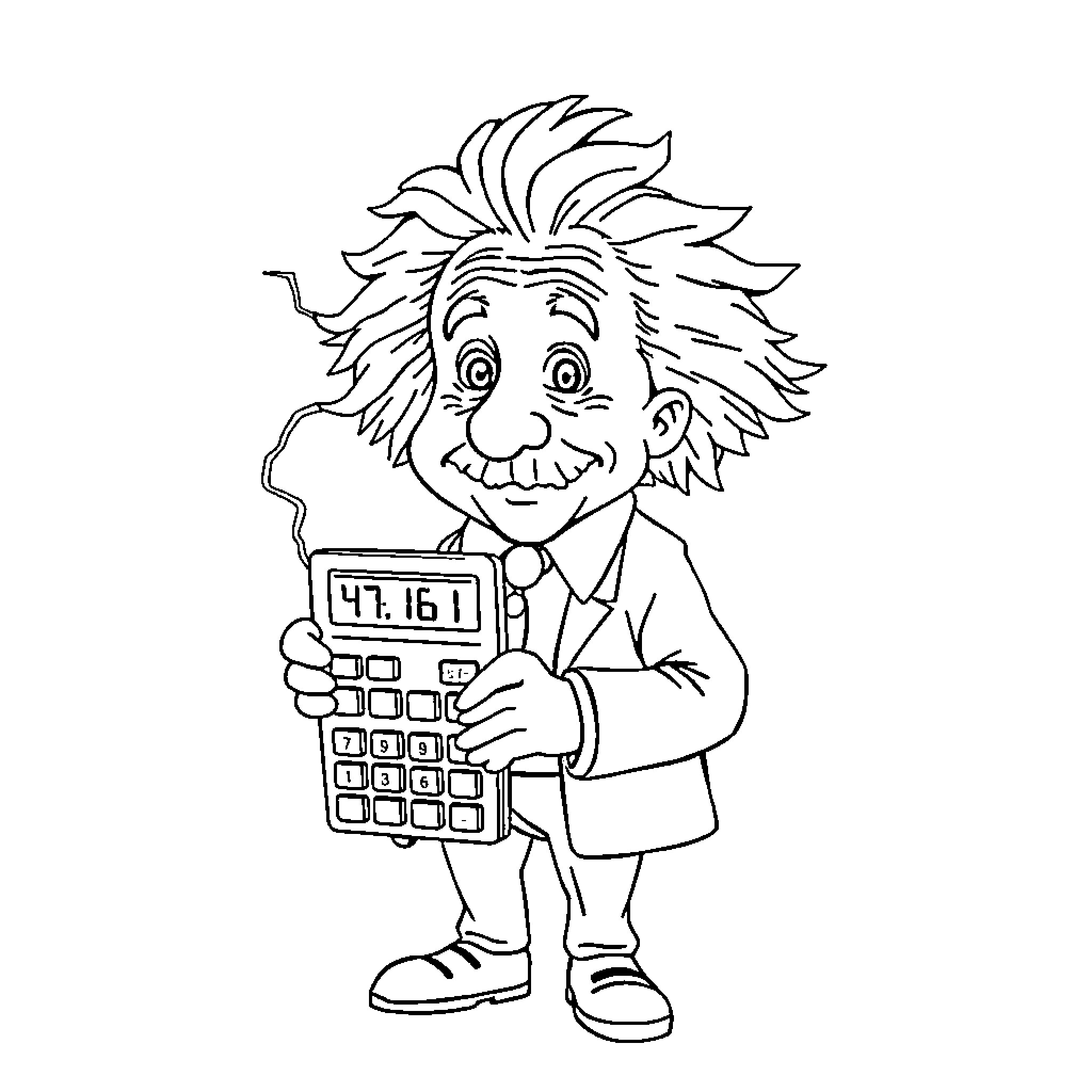 Albert Einstein using a calculator Coloring Page (free black-and-white line drawing printable PDF for all, from beginners to advanced learners, including children, teens, adults, and seniors)