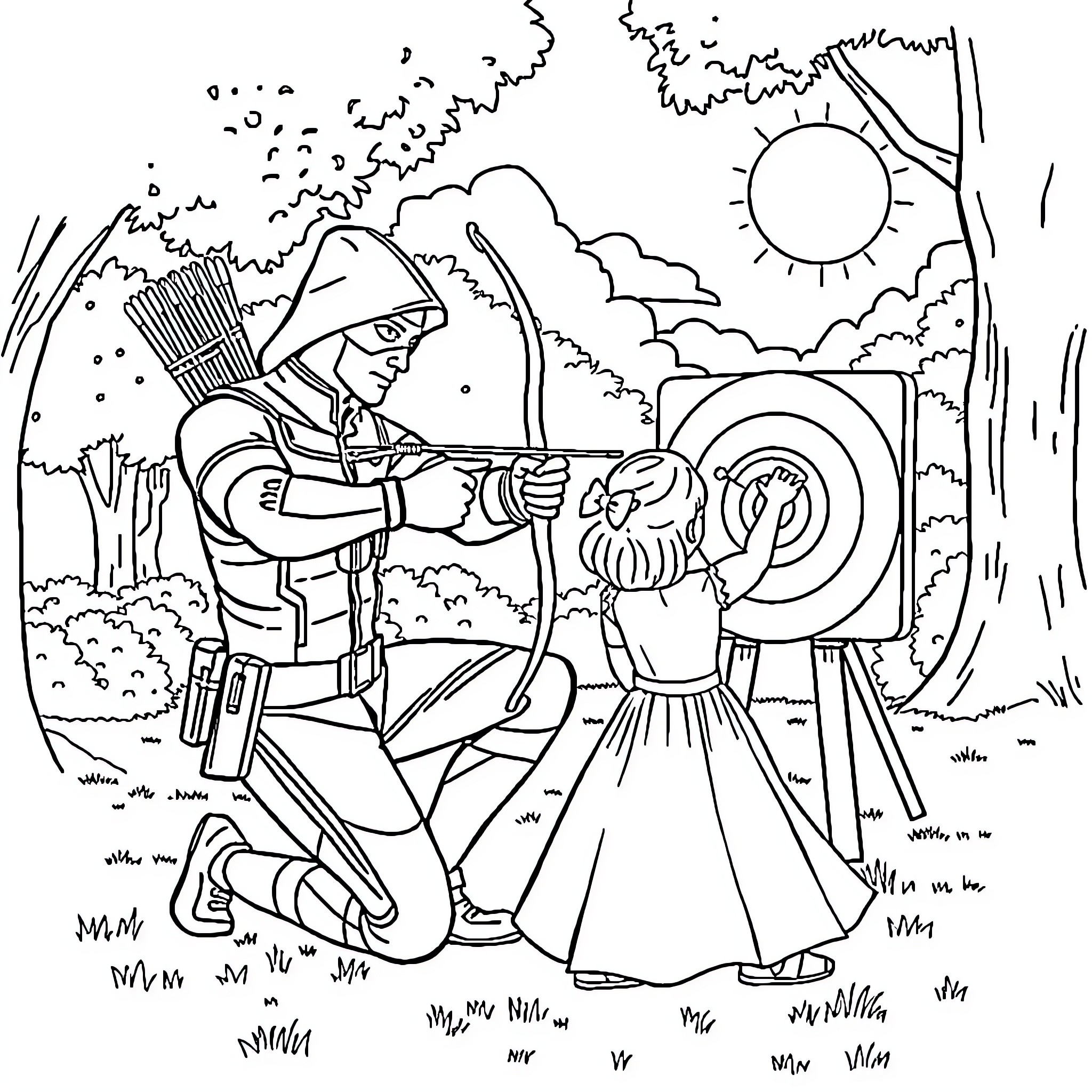 Arrow Archery Practice in the Countryside Coloring Page (free black-and-white line drawing printable PDF for all, from beginners to advanced learners, including children, teens, adults, and seniors)