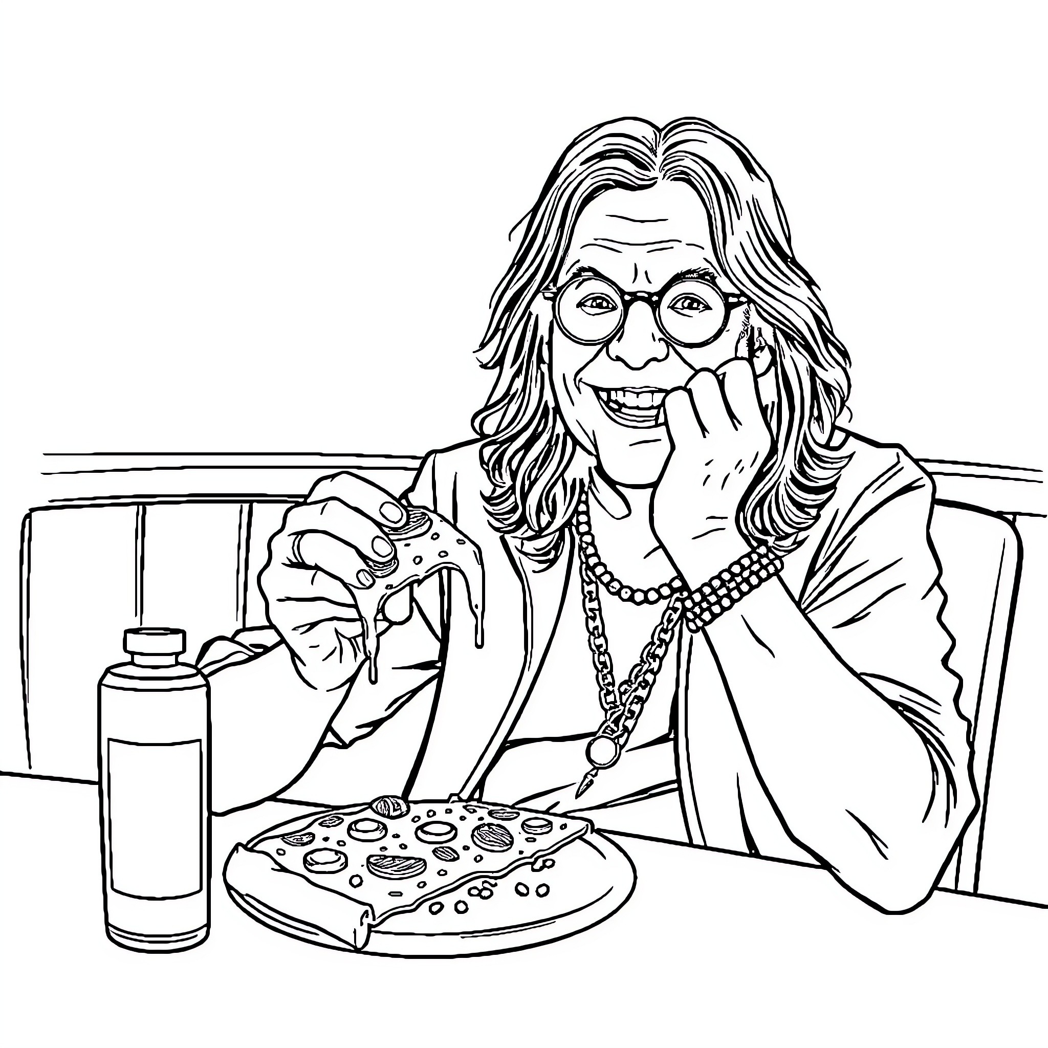 Ozzy Osbourne Enjoying a Rock Star Lifestyle Coloring Page (free black-and-white line drawing printable PDF for all, from beginners to advanced learners, including children, teens, adults, and seniors)