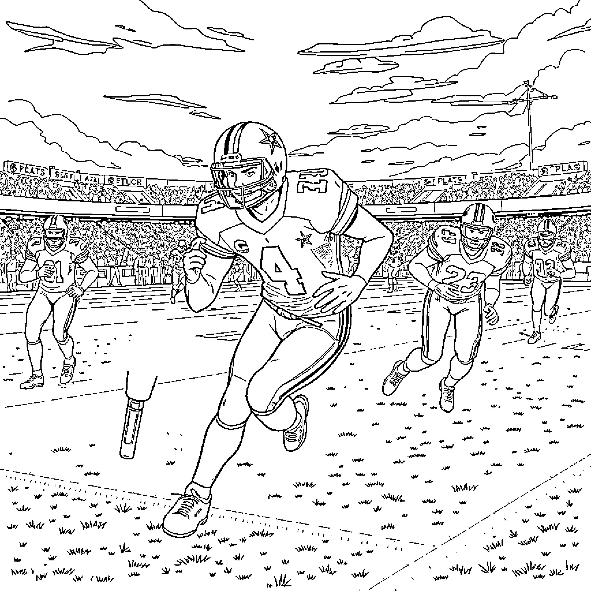 Dallas Cowboys football player rushing down the field Coloring Page (free black-and-white line drawing printable PDF for all, from beginners to advanced learners, including children, teens, adults, and seniors)