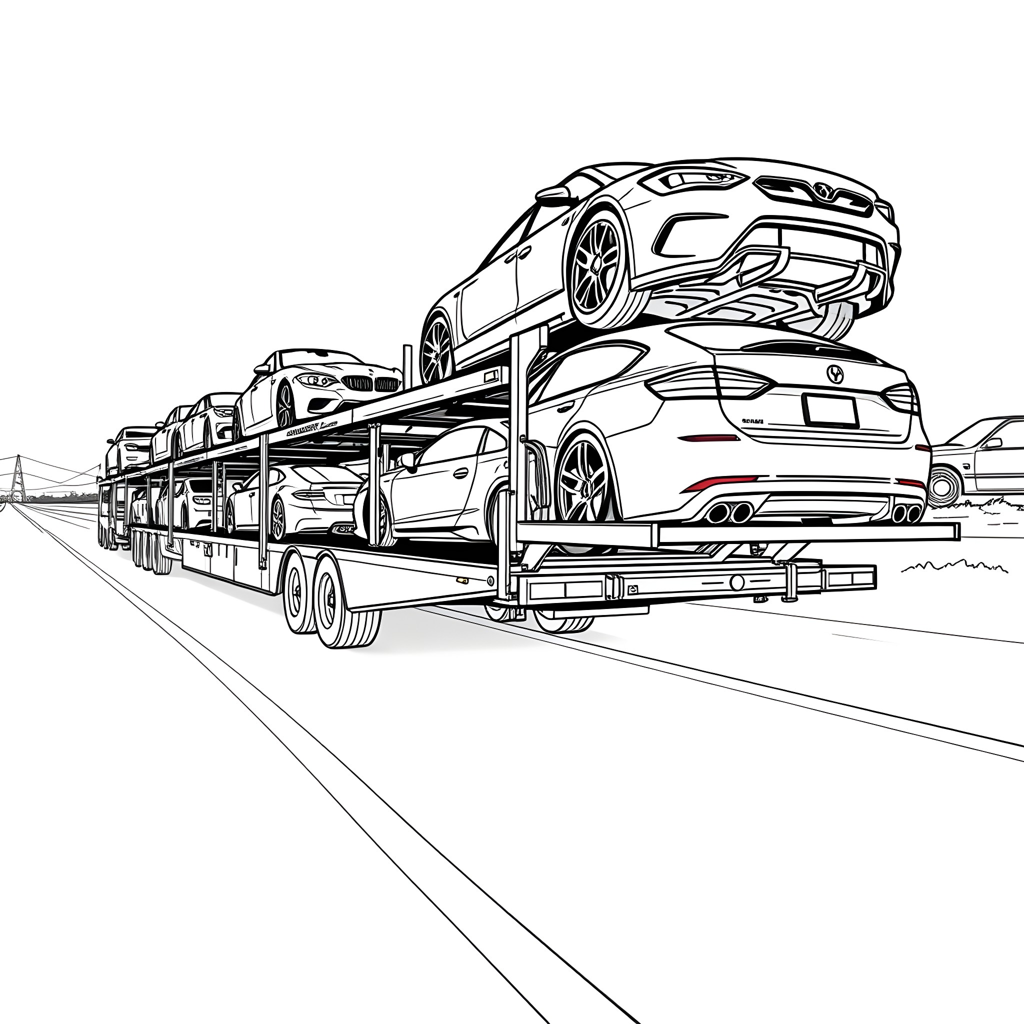 Car Hauler Transporting Various Luxury Vehicles Coloring Page (free black-and-white line drawing printable PDF for all, from beginners to advanced learners, including children, teens, adults, and seniors)