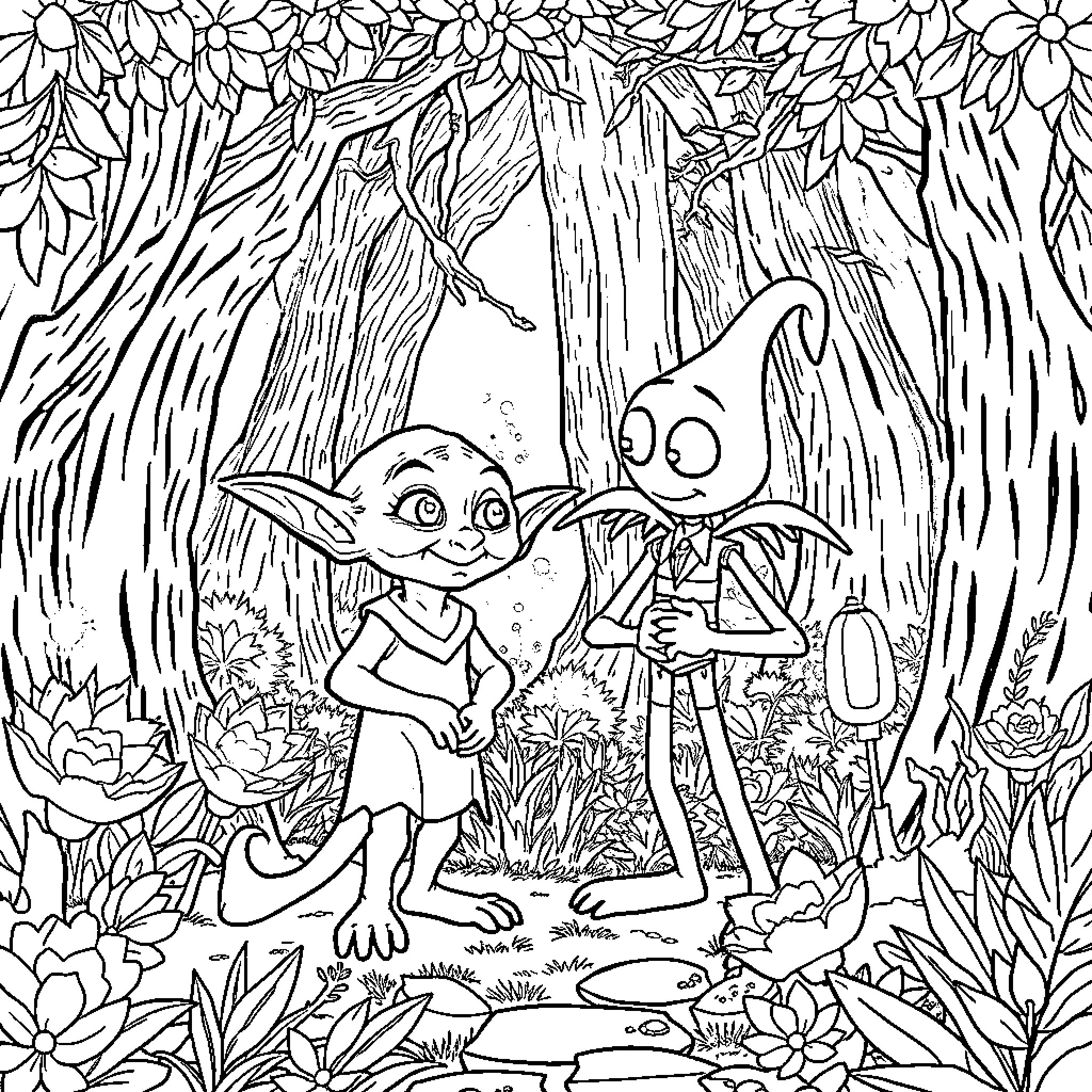Dobby's Enchanted Forest Adventure Coloring Page (free black-and-white line drawing printable PDF for all, from beginners to advanced learners, including children, teens, adults, and seniors)